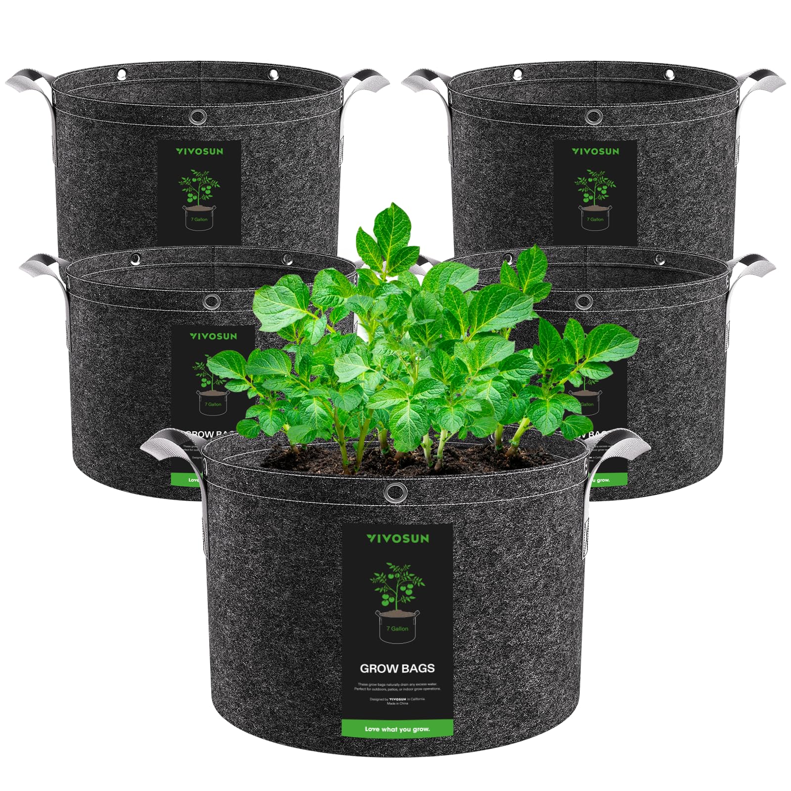 VIVOSUN Lot 5 Sac de Plantation 25L Sacs de Culture Tissu Non Tissé Sac à Plantes 500g/m² Épaisseur, Pots Tissu avec Poignées et Anneaux Polyvalents, Idéal pour LST, Fruits, Légumes et Fleurs
