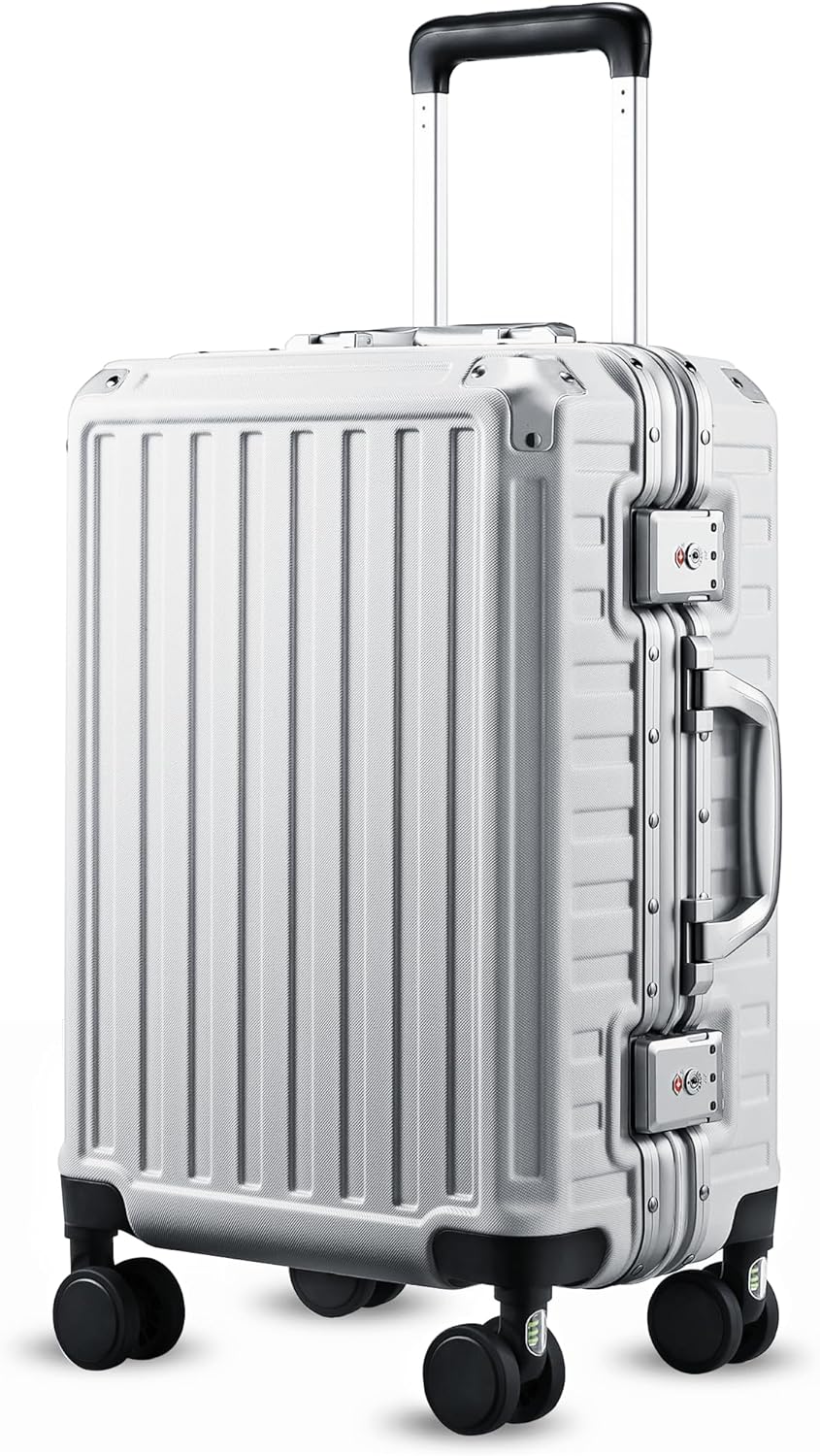 Carry On Luggage with Spinner Wheels, 8010S Aluminum Frame Zipperless Polycarbonate Hard Shell Suitcase (ZX-Core, Silver, 20 Inch) Silver Grey Carry-On 20-Inch