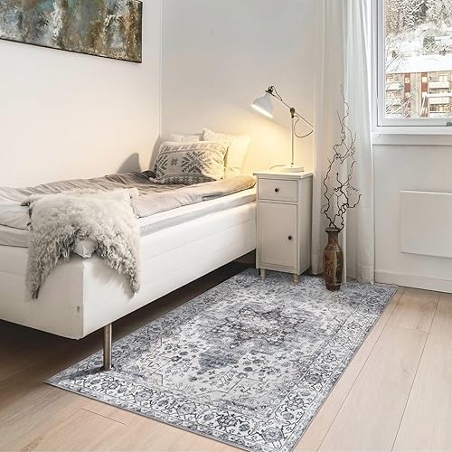 Miniatura 4 de Syalife Alfombra de Área Lavable de 3 x 5 pies, Ultra Suave Antideslizante, Pelo Bajo, Resistente a las Manchas, Alfombra de Área Vintage para Sala