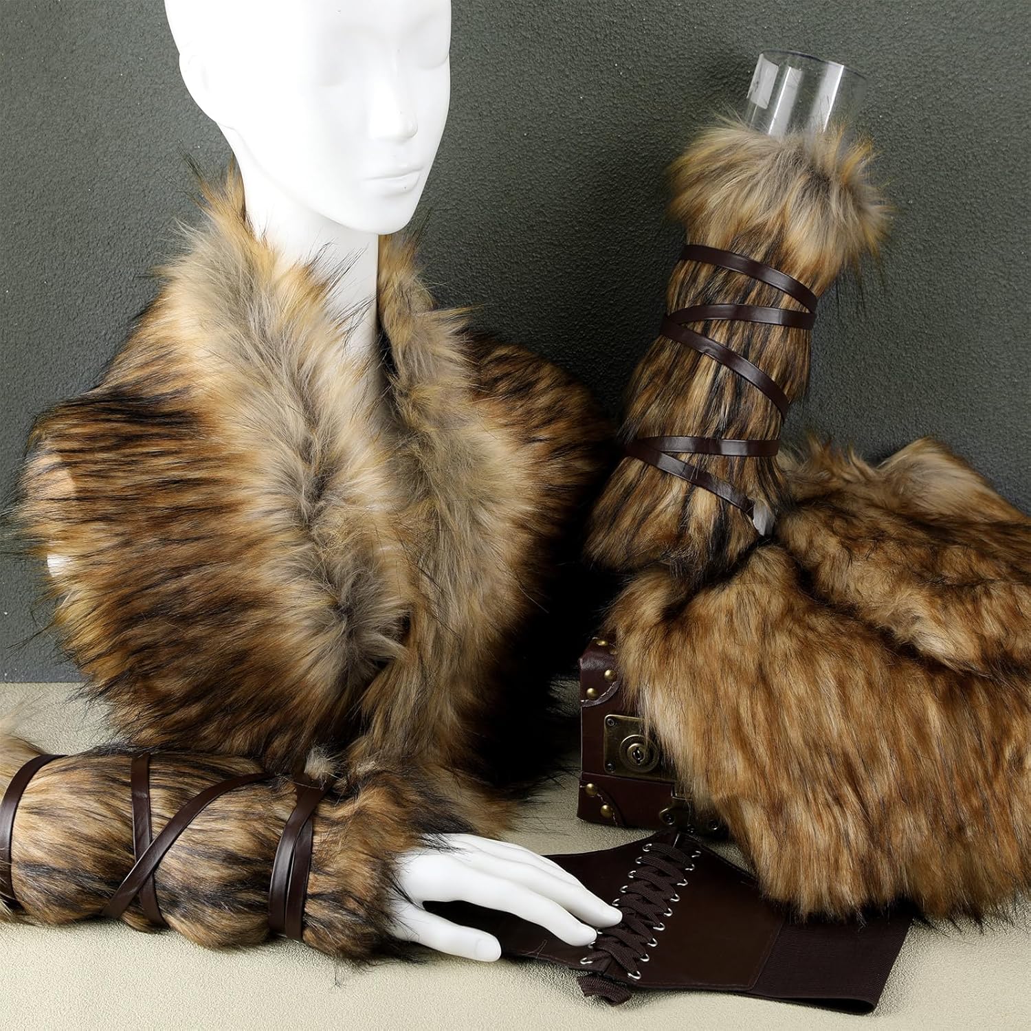 Cuffbow 10 Pc Viking Costume Set, Faux Fur Collar, Fur Leg Warmers, Lace Up Waist Belt for Men Women Halloween Party - Image 4