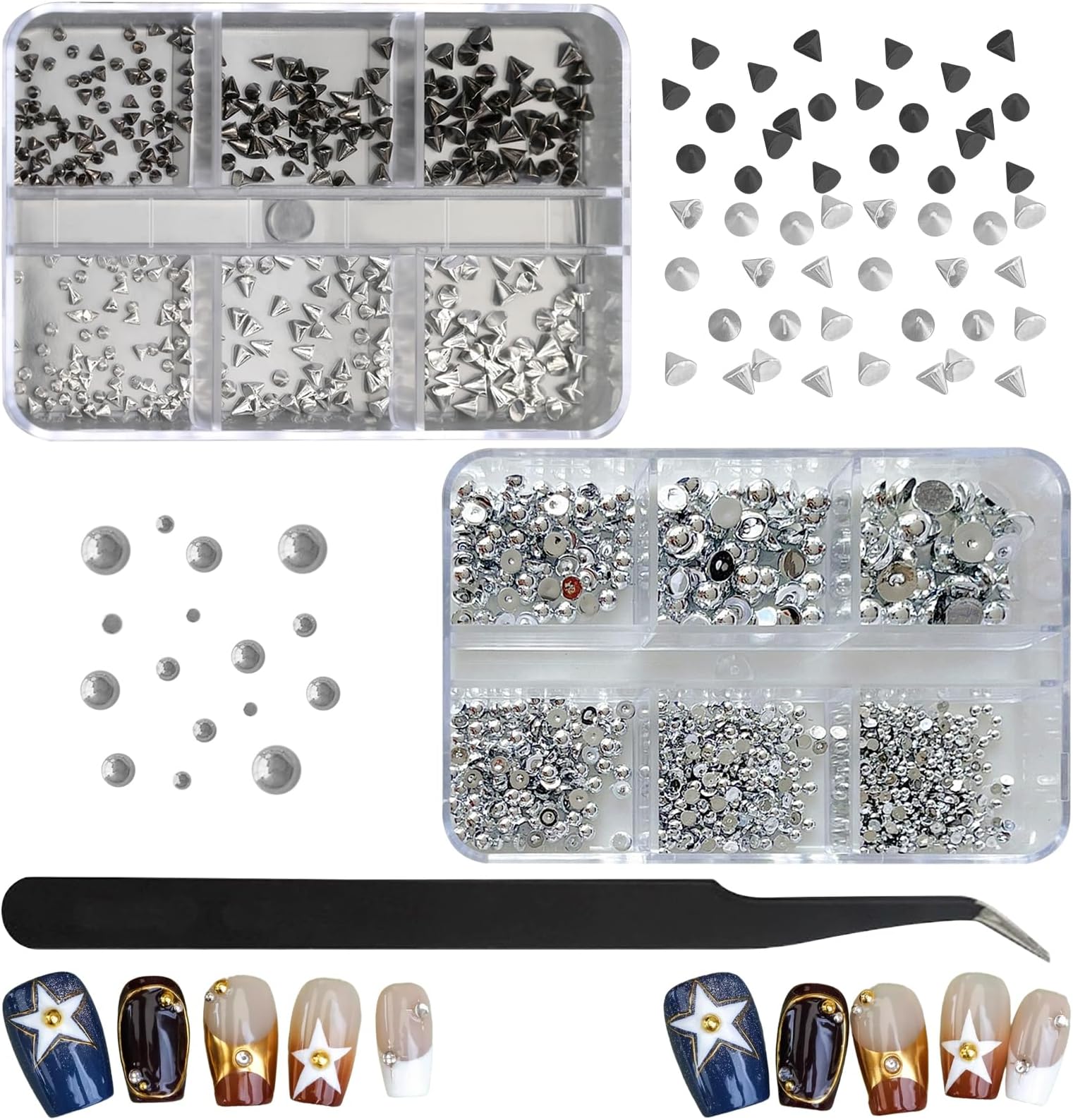 Metallic Punk Nails Art Studs, 2 Box 3D Mixed Sizes Silvery Black Cone Spikes, Mini Alloy Rivets Studs and Flatback Half Pearls for Women DIY Manicure Decoration Accessories (Silver A)