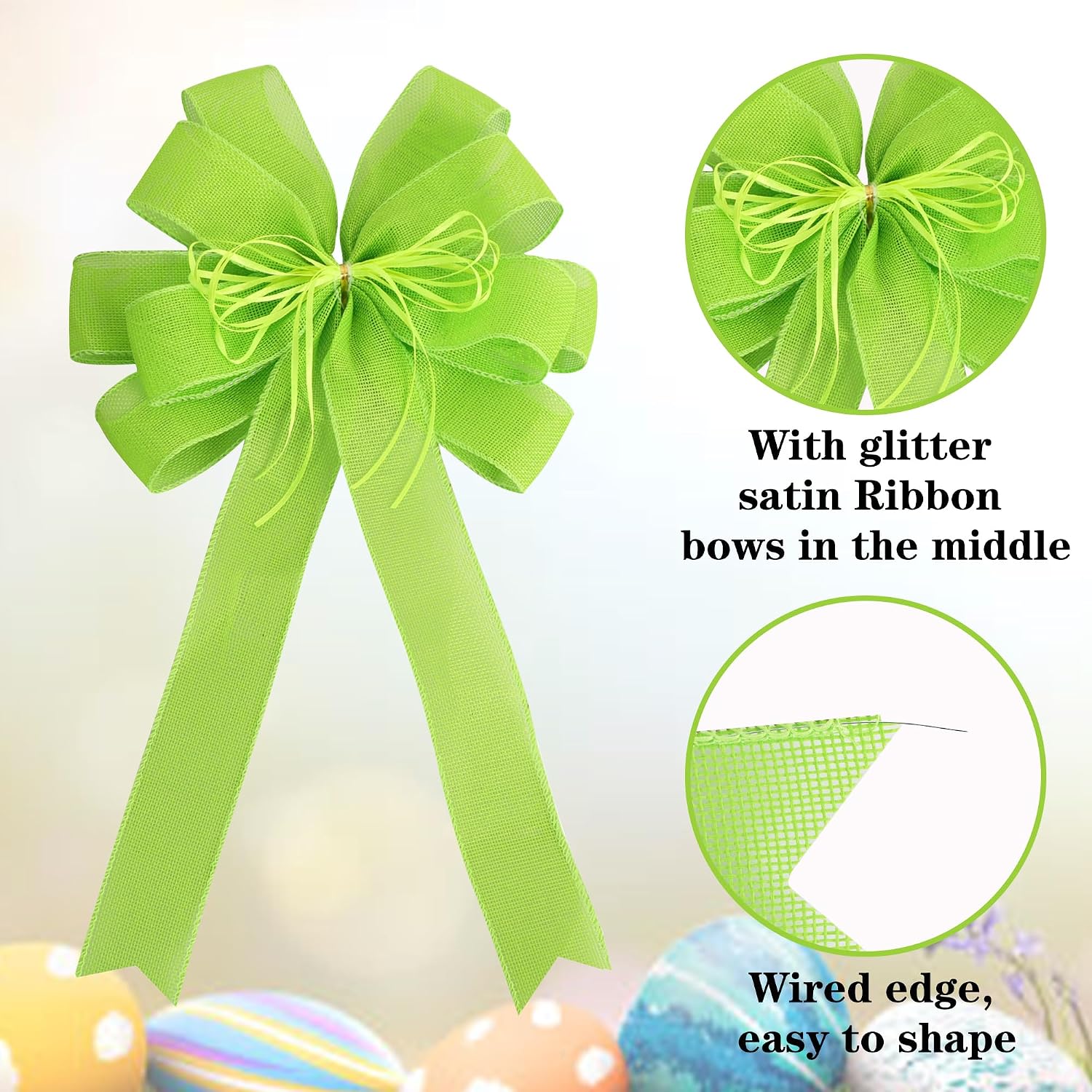 2 Pack Green Christmas Tree Bows 12x20inch Large Burlap Wreath Bow with Glitter String for Grinch Halloween Christmas Tree Topper Home Front Door Decor,Easter Bow,St. Patrick's Day Bow image 3