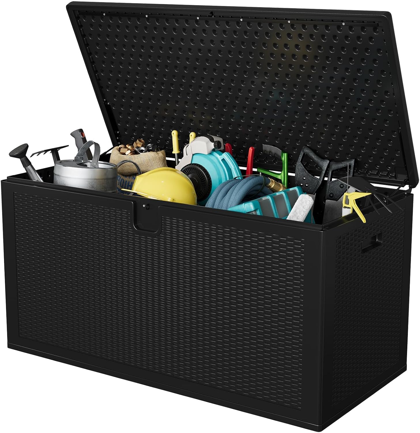 150 Gallon Large Outdoor Storage Box - Waterproof Resin Deck Box with Lockable Lid & Gas Struts, All-Weather Patio Storage Bench for Cushions, Pool Toys, Garden Tools, Rattan Texture, Black