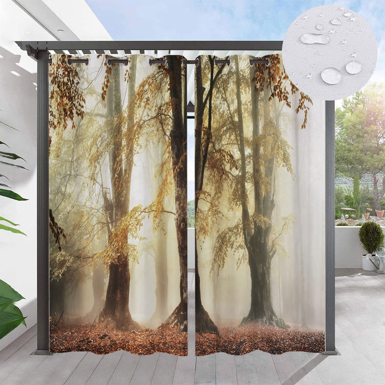 Rideaux d'extérieur imperméables avec motif paysage forestier pour pergola, rideaux occultants à isolation thermique pour tonnelle avec œillets imprimé (2 panneaux, 132 x 213 cm)