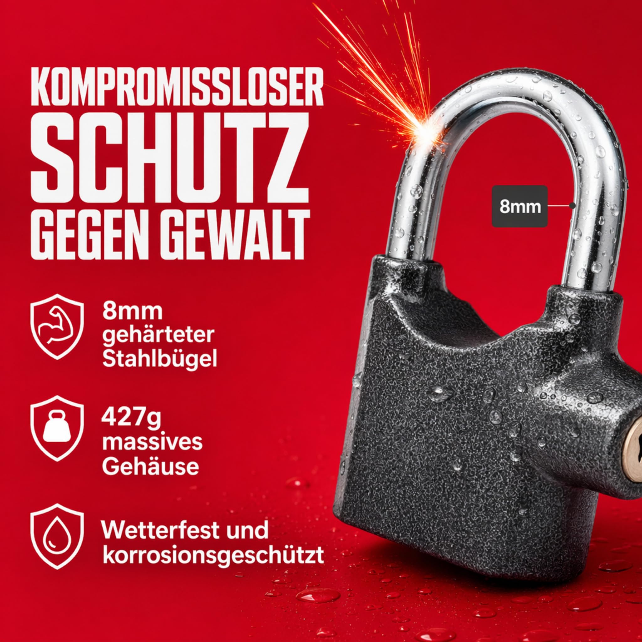 3 Stück Premium OLYMPIA S100 Alarmschloss mit Schlüssel - Korrosionsgeschützt Sicherheitszylinder - 100 dB Sirene | Alarmgesichertes Vorhängeschloss, Hangschloss | Großes Vorhang-Schloss mit Alarm