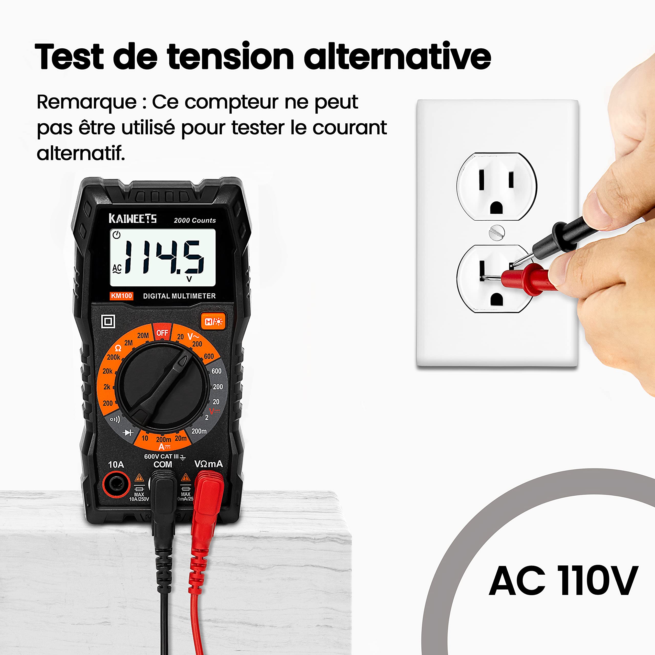 KAIWEETS Multimètre Numérique 2000 Comptes, Testeur Électrique Tension CA/CC Courant CC Résistance Continuité Diode