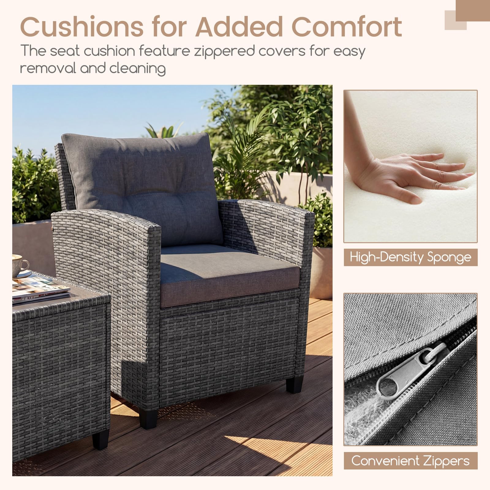 GIANTEX Set Mobili da Giardino in PE Rattan, Set di Conversazione con 2 Poltrone con Cuscini Morbidi, 1 Tavolino con Piano del Tavolo in Vetro Temperato (Grigio)