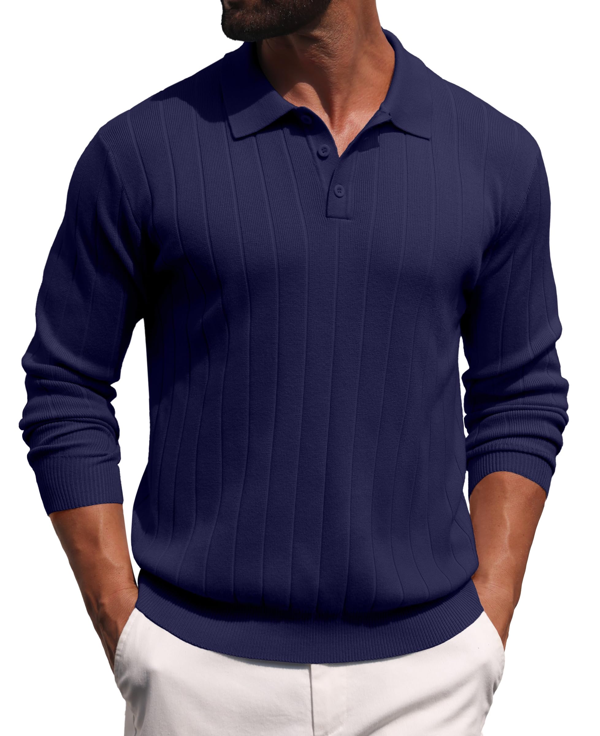 Hisir Polo da uomo a maniche lunghe invernali in maglia, vestibilità regolare, casual, classico, a righe verticali