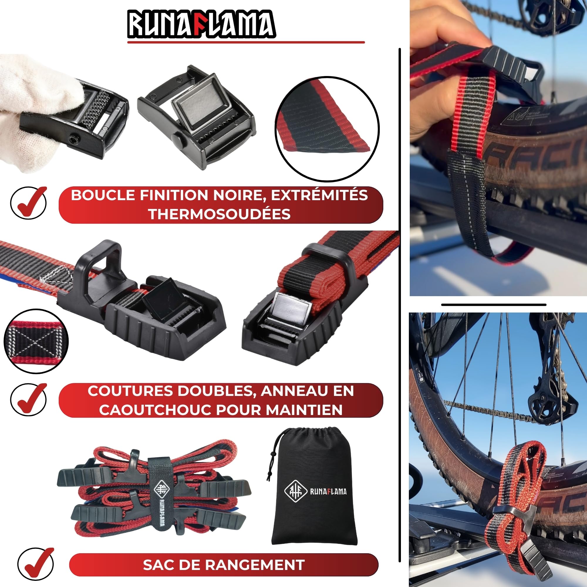 Petites Sangles D'arrimage avec Protection Gomme Antirayures - Sangles De Serrage Courtes pour Moto Remorque, Porte Vélo - en 12195-2 Résistance 500 kgf par Unité - 4 Unités 1m