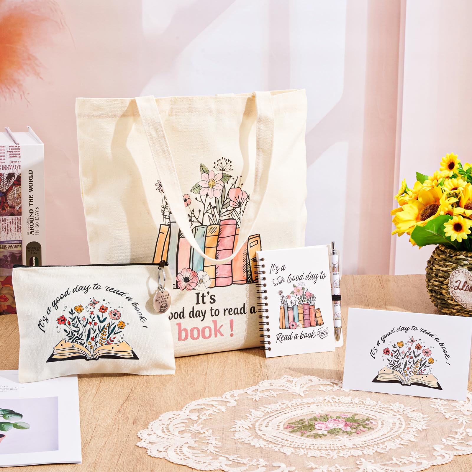 Buchliebhaber-Geschenk für Frauen, 6 Stück, Buchzubehör, Buch-Geschenke, inklusive Schlüsselanhänger, Leinen-Tragetasche, Bücher, Liebhaber, Reißverschluss, Make-up-Tasche, Notizbuch, Stift