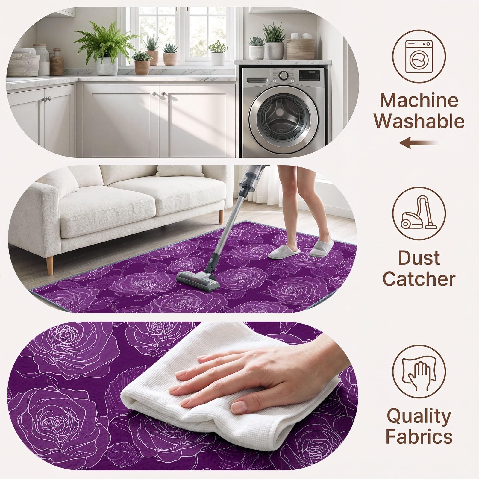 Tapis Lavable en Machine 80 x 150 cm Dessin Au Trait Fleurs Roses Tapis Antidérapant en Flanelle Idéal pour Enfants et Animaux – Moquette de Chambre Doux, Poils Courts, Entretien Facile, Violet