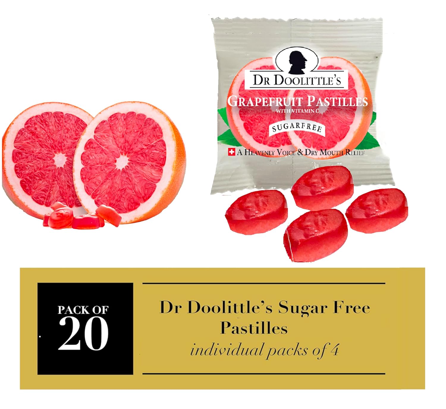 Dr. Doolittle’s Sugar Free Pastilles with Stevia for Voice and Throat, Grapefruit Flavor, Travel Size Bag,0.33 ounces approximately 4 Count Package, 20 Pack