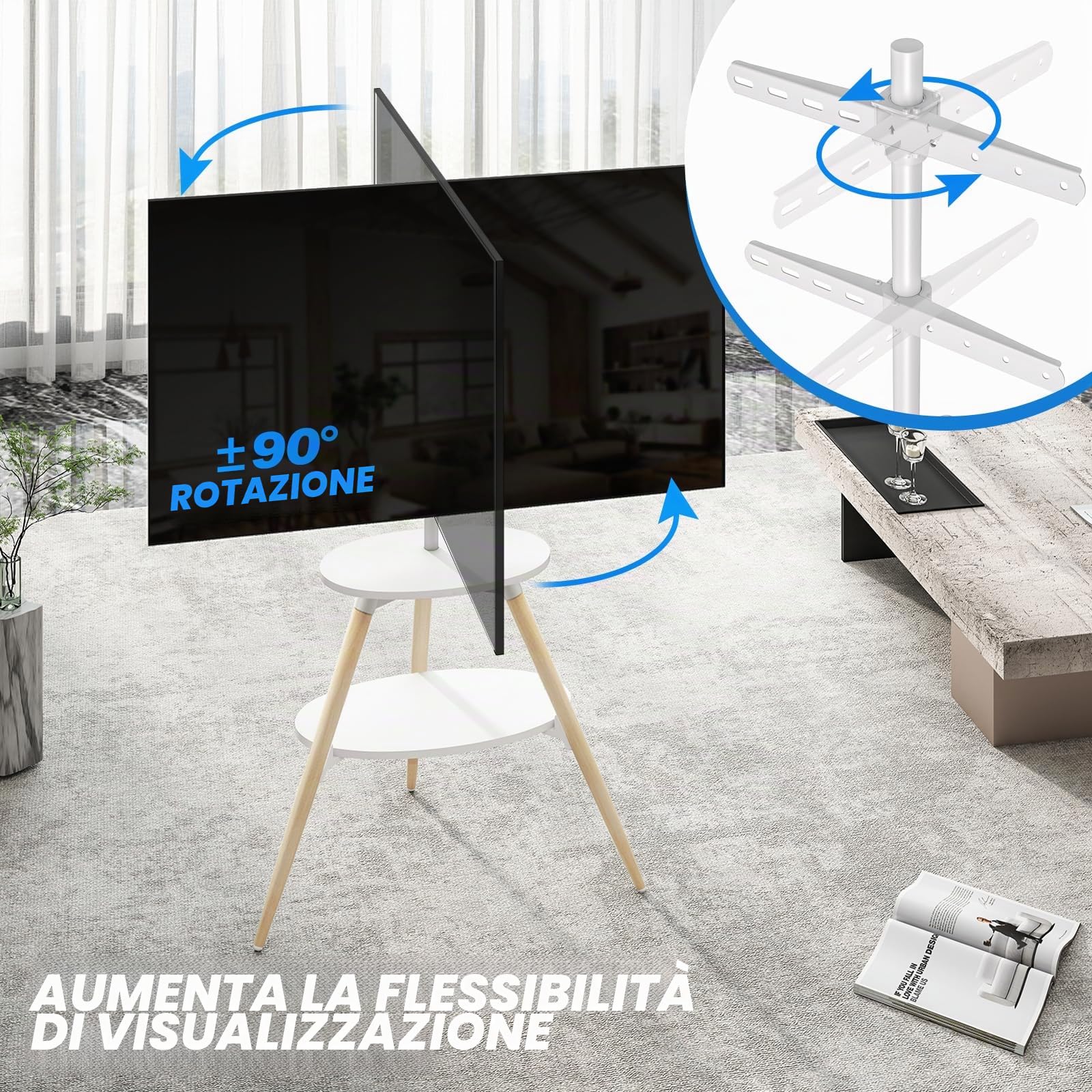 5Rcom Cavalletto per TV con 2 ripiani, girevole e regolabile in altezza, in legno, per schermo LED LCD OLED da 32-65 pollici, VESA max 400 x 400 mm, carico massimo 40 kg, bianco