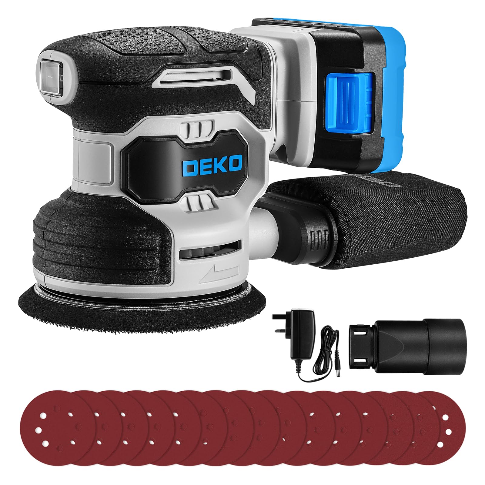 20V Exzenterschleifer Akku 125mm: DEKOPRO Schleifmaschine für Holz,6 variable Geschwindigkeiten, 125 mm Schleifer, Holzschleifer 13000 U/min,2000 mAh Batterie,mit Staubbeutel und 15 Schleifpapieren