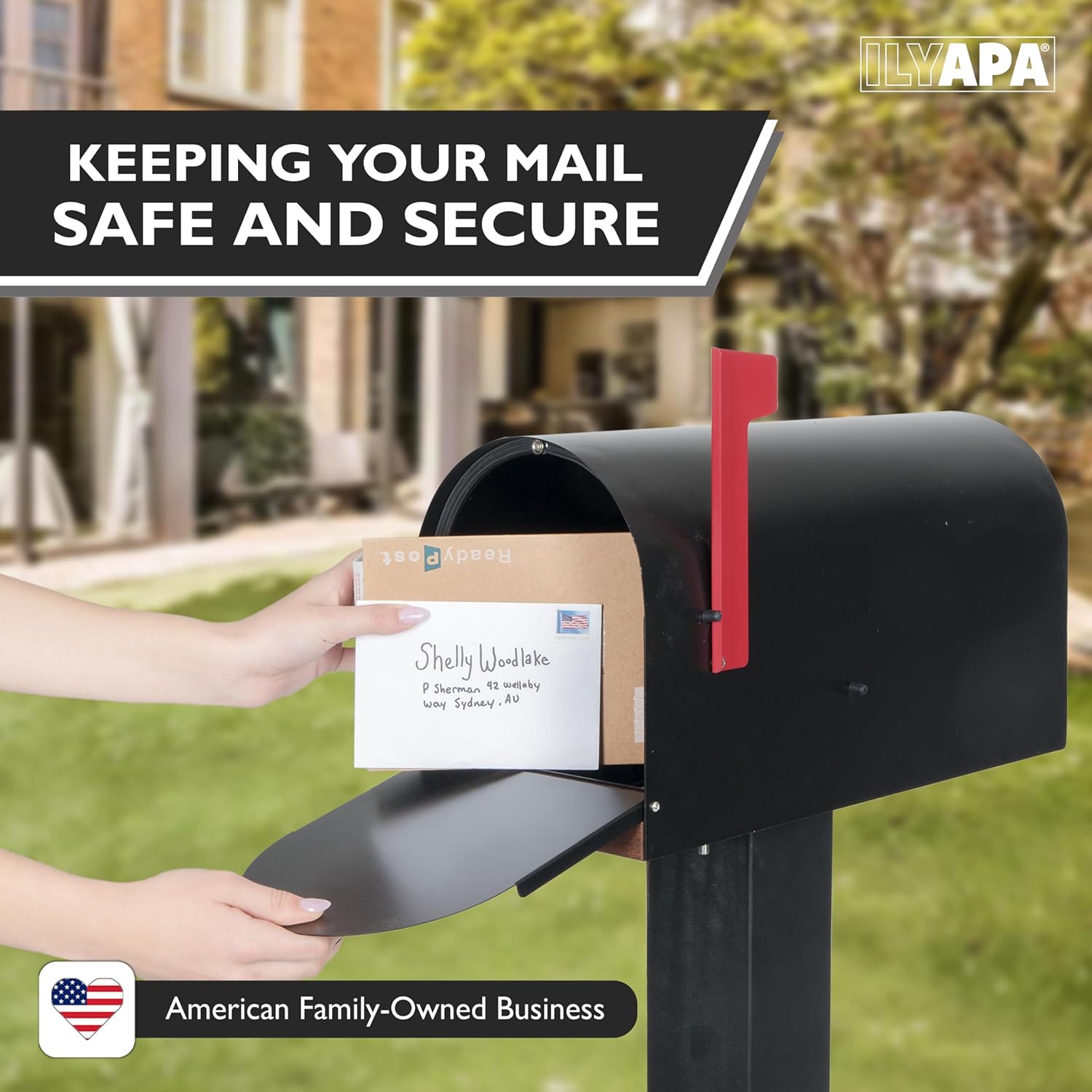 Ilyapa Black Modern Mailbox Post Mount - Mailboxes for Outside - with Black Door and Wood Grain Trim - Powder Coated Steel - Mid Century Style