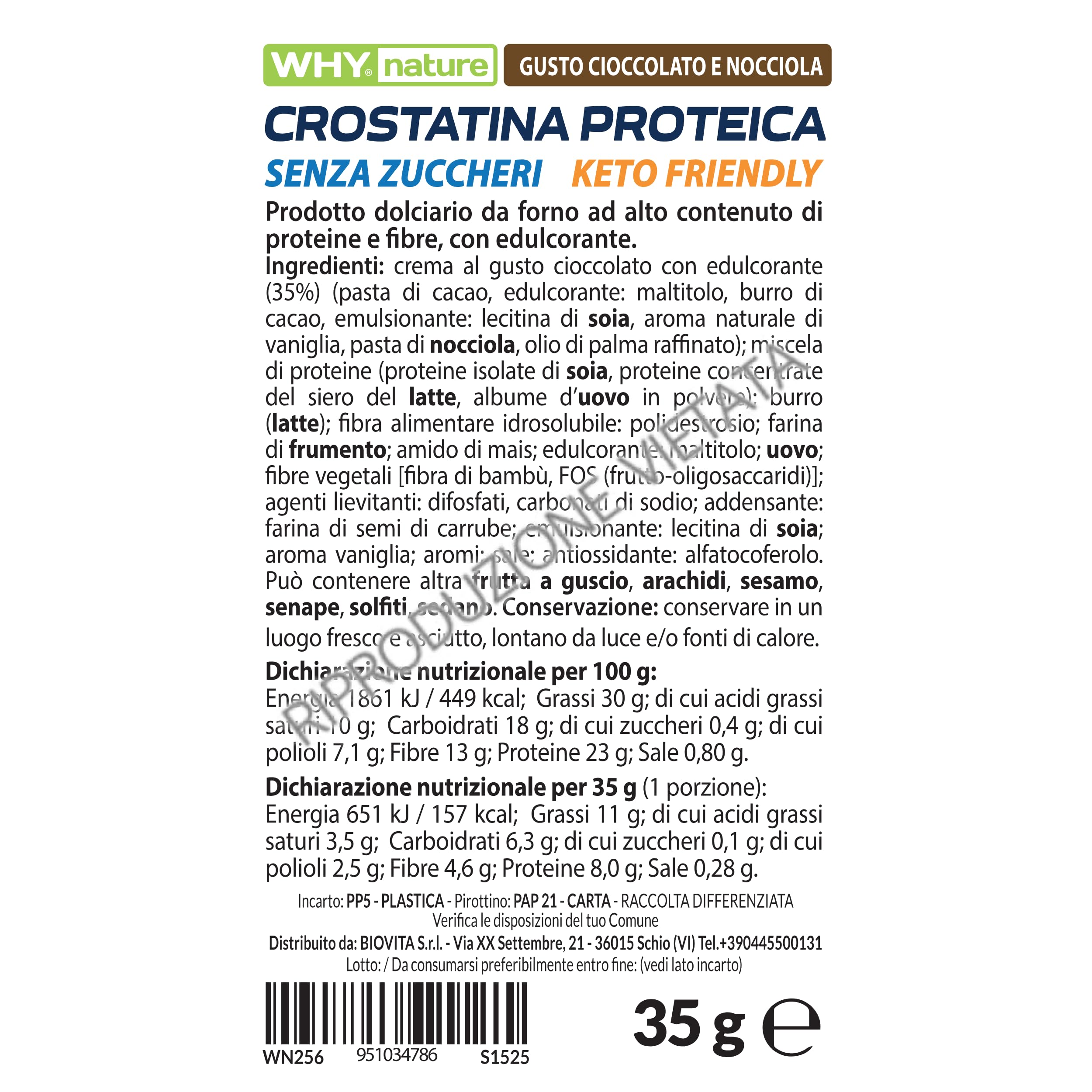 WHY NATURE Crostatina Proteica - Snack Proteici - Gusto Cioccolato e Nocciola - 35 gr