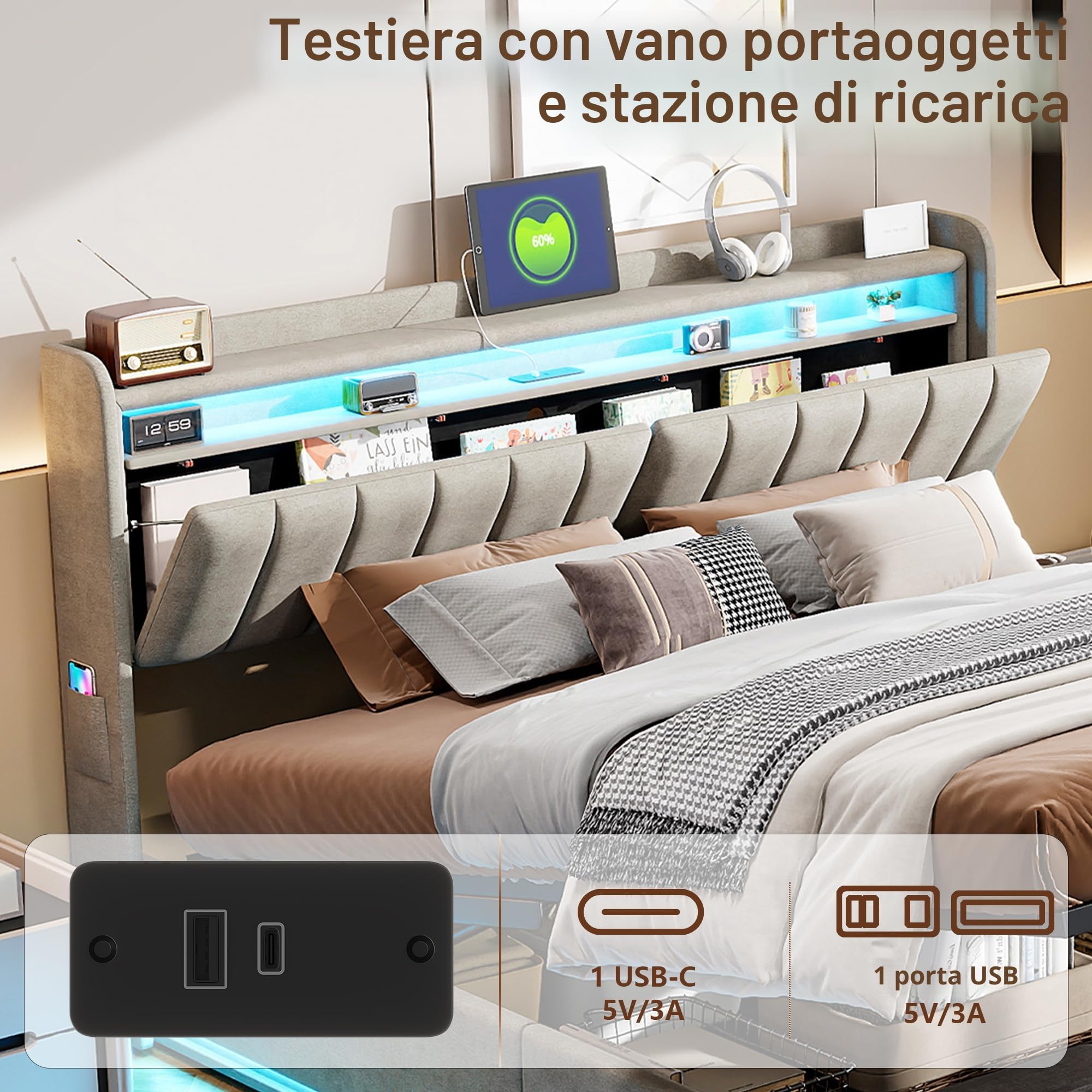 BRILVERDE Letto imbottito 140x200 con Contenitore idraulico, Letto matrimoniale a LED con USB, Funzionale con testiera, Struttura letto con rete a doghe, Velluto (Grigio, 140 x 200 cm)