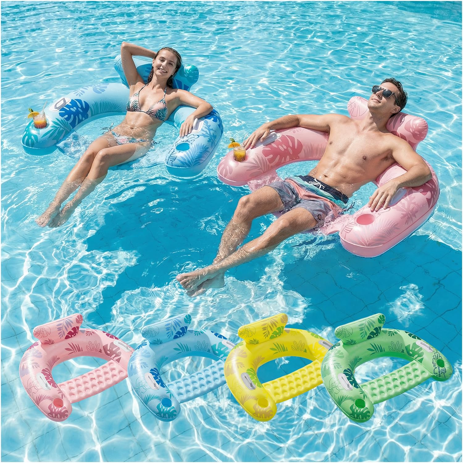 SOLAVERO Flotadores Piscina Adultos, Sillon Hinchable, Silla Flotante con Portavasos & Asa, Asiento Agua de Verano para Relajarse, Leer y Fiesta en la Piscina