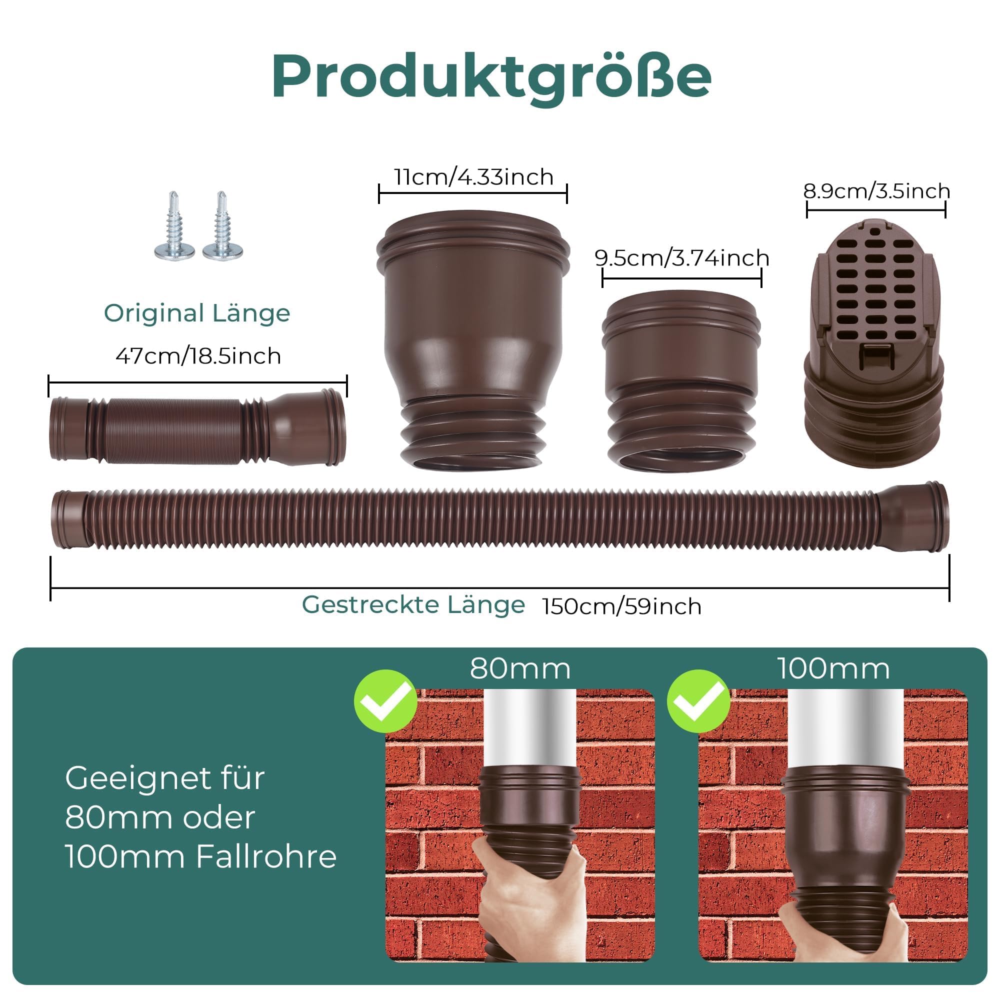 Extensión Flexible para Canalón y Bajante, 80/100 mm Tubo Bajante Extensión Redonda con Rejilla para Desagüe, Manguera de Canalón, 47-150 cm, Accesorios para Bajantes (Marrón, 2 Unidades)