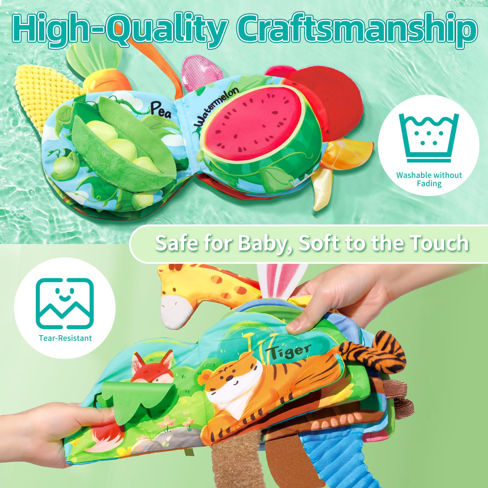 auby 3PCS Livre Tissu 0-12 Mois - Livres d'Éveil Interactifs à Queues 3D Texturées, Thèmes Animaux & Fruits, Jouets Eveil pour Bébés, Lavables en Machine, Cadeau Naissance Fille Garçon