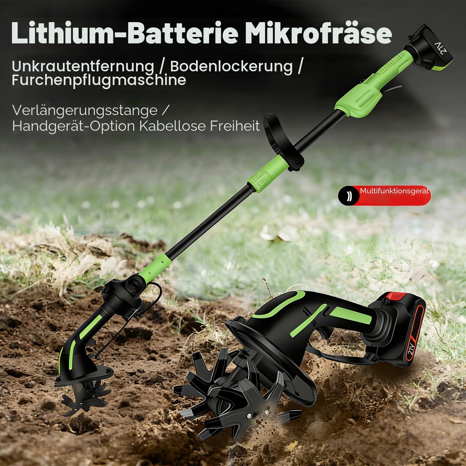 2-in-1 Akku Motorhacke 21V mit Akku, Elektrische Handgartenfräse kabellos, Leichte Bodenfräse mit 10cm Arbeitsbreite & -Tiefe, 2300RPM, für Beet, Hochbeet, Blumenbeet & Gemüsegarten (2 Batterien)