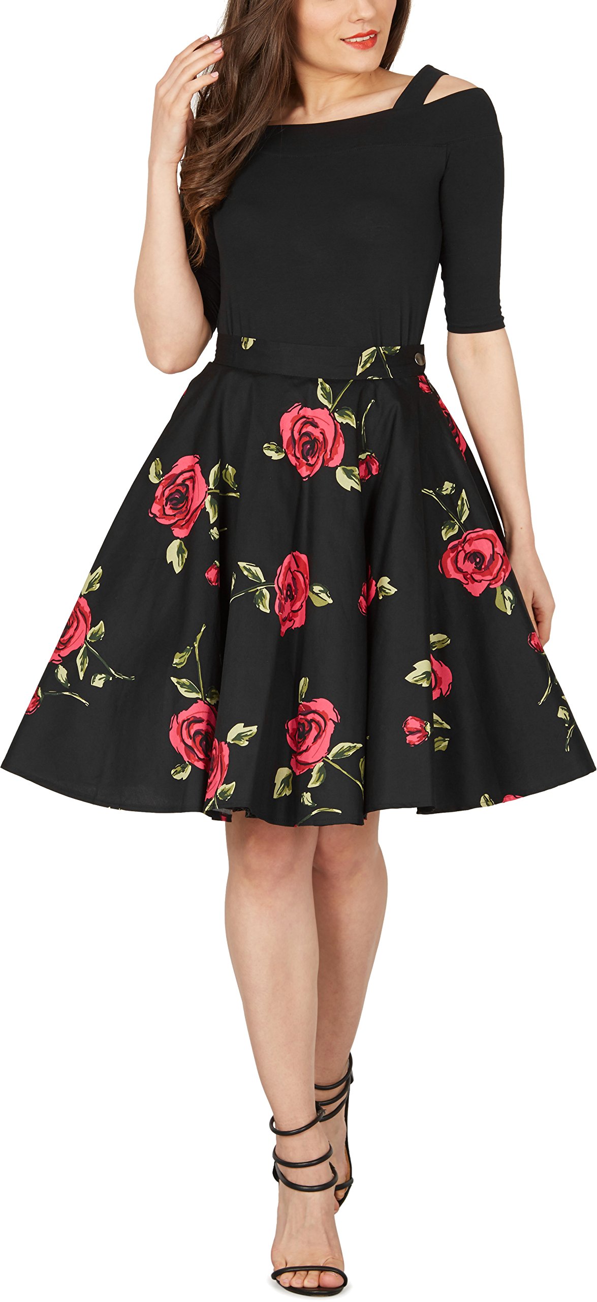 BlackButterfly Vintage Full Circle 1950's Floral Skirt (Large Red Roses, 3XL)