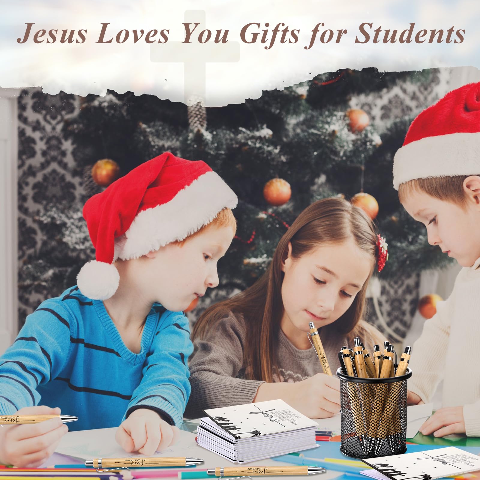 Eaasty 40 Sets Weihnachten Jesus Loves You Stift Geschenke Krippe Notizbuch Bibel Christian Bambus Stifte Inspirierende Gebet Notizblock Religiöse Geschenke für Kirche Sonntag Schule