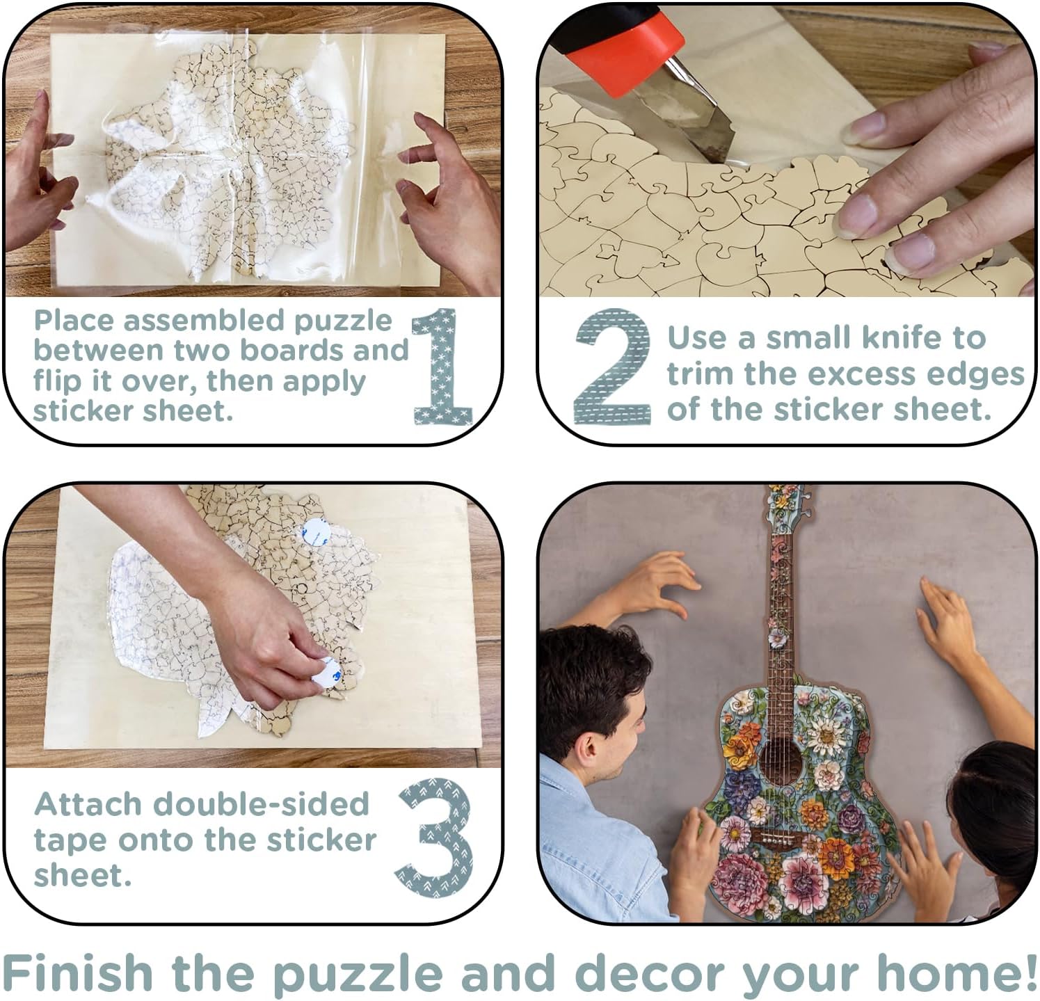 Flower Guitar Wooden Puzzle for Adults 150 Pieces, Colorful Floral Wood Puzzle for Adults, Unique Shaped Music Puzzle 150 Pieces