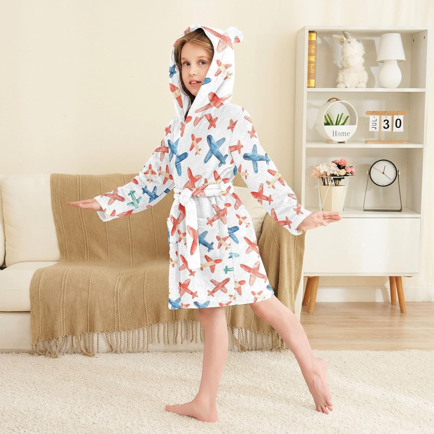 senya Plane A Toddler Hooded Bathrobe Kids Soft Plush Bath Towel Robes for Boys Girls 2-12 Years