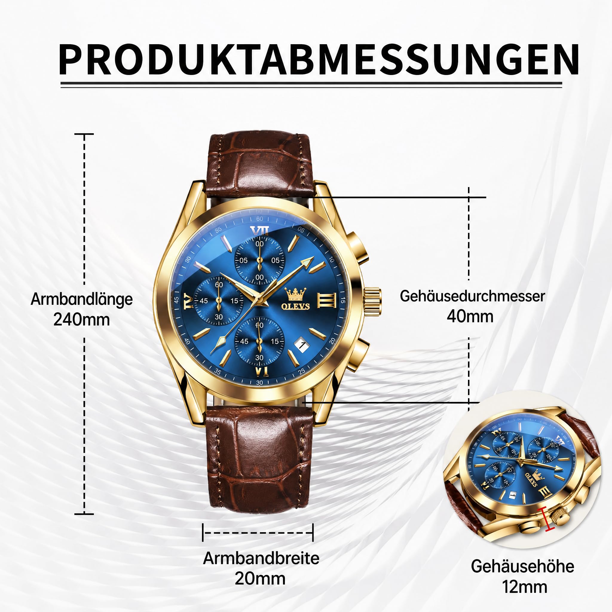 OLEVS Uhren Herren Chronograph Quarzuhr mit Lederarmband und Datum | Multifunktions 30M Wasserdicht Armbanduhr, Mineralglas Leuchtet im Dunkeln Analog Uhren fur Männer