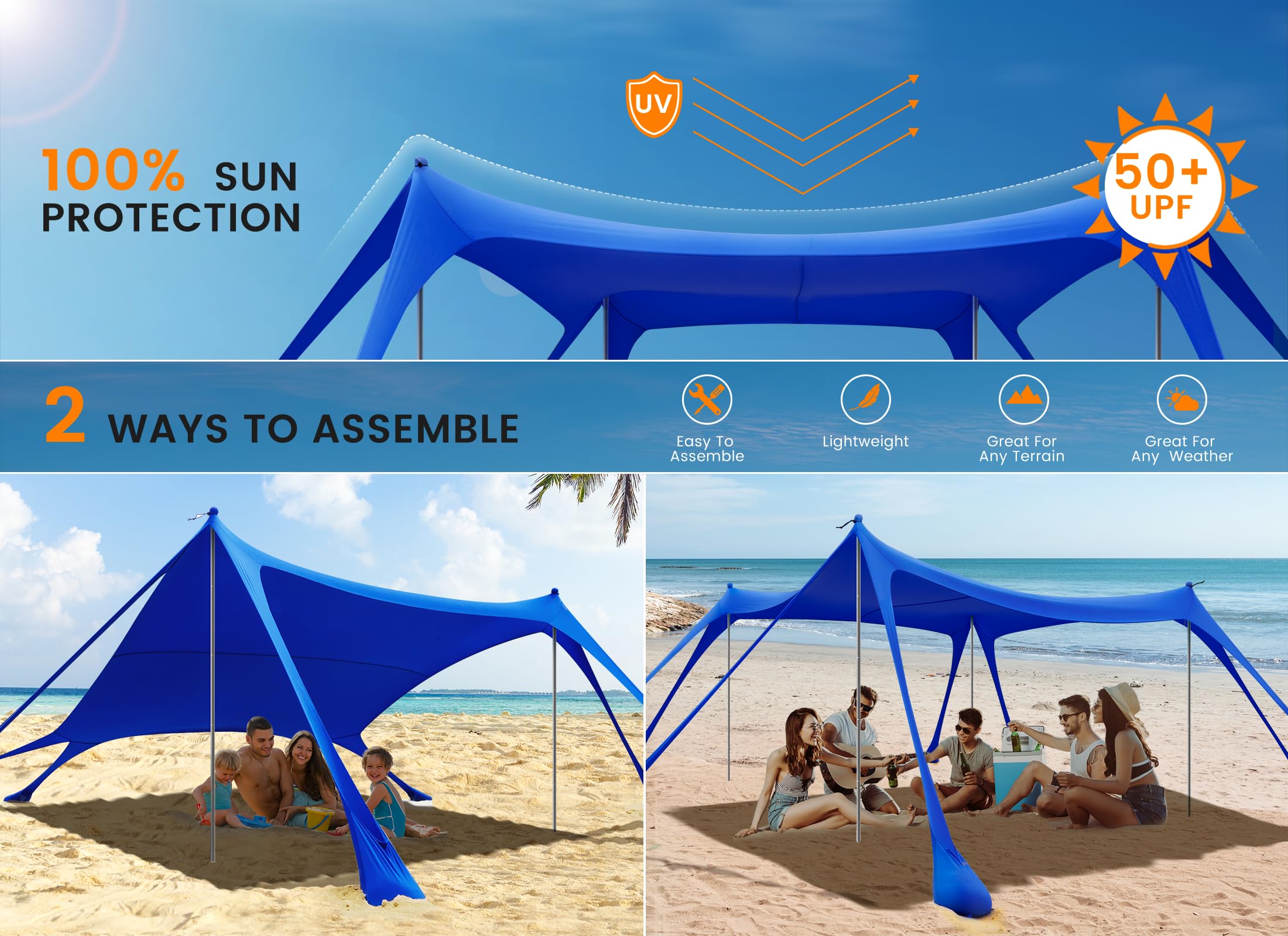 Tenda Da Spiaggia WEKAPO Facile UPF50+ Con Pali Alluminio 1,8m - Ombrellone Antivento Con Sacchi Sabbia