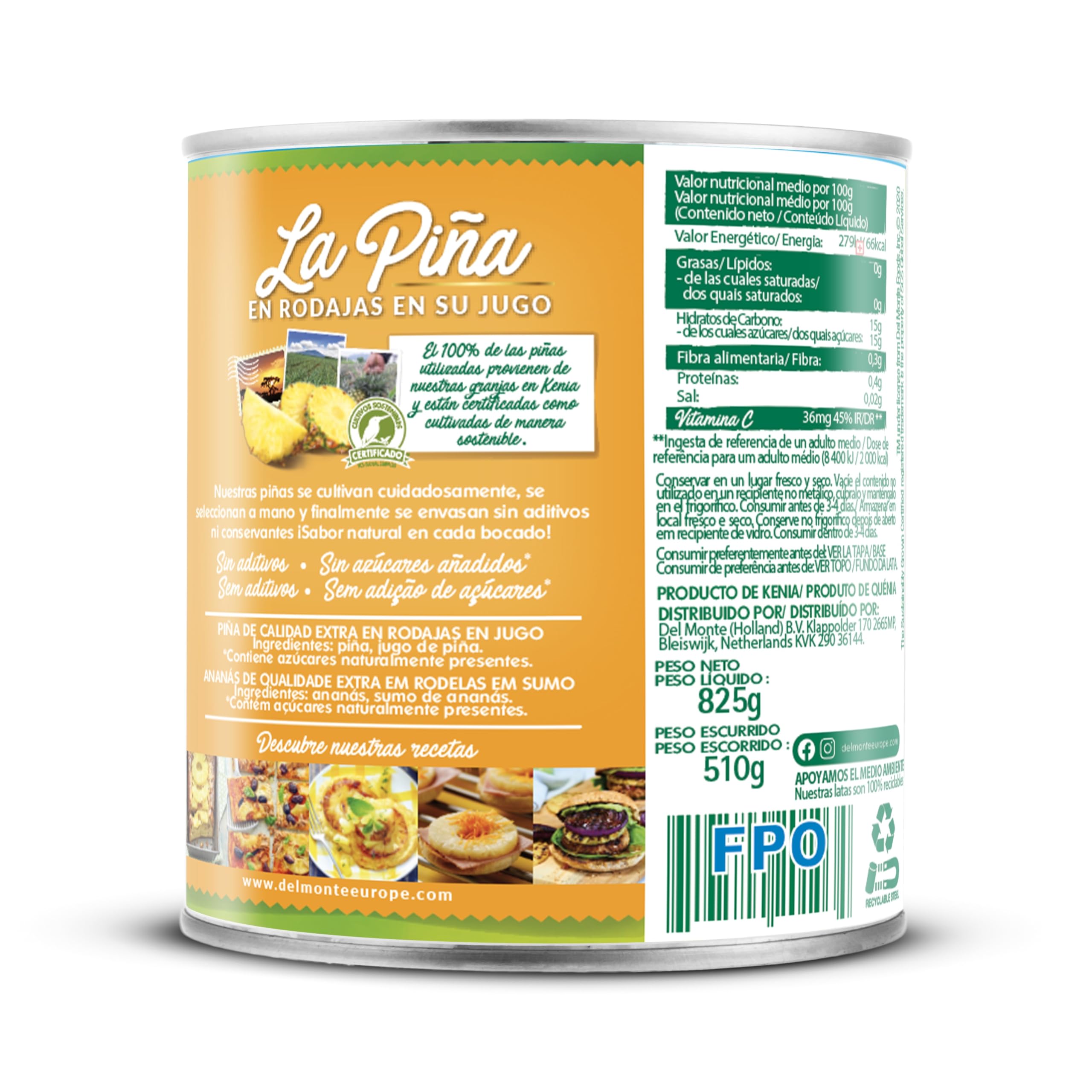 Del Monte Piña Rodajas en Jugo 510g