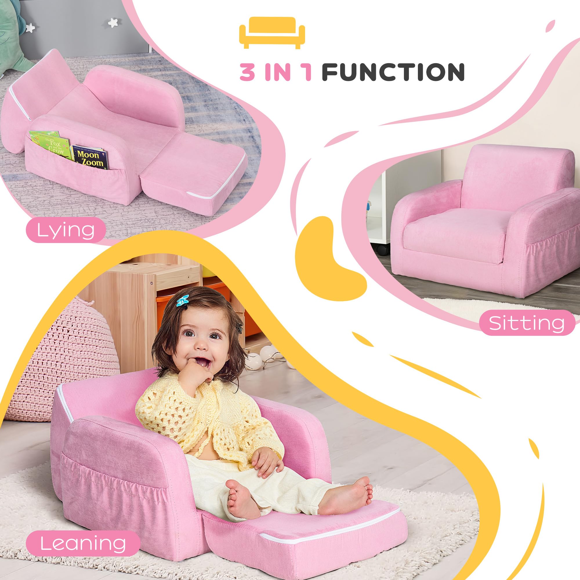 HOMCOM 2 w 1 dzieci sofa krzesło łóżko składana kanapa miękka flanelowa pianka dla malucha do pokoju zabaw sypialni salonu różowy