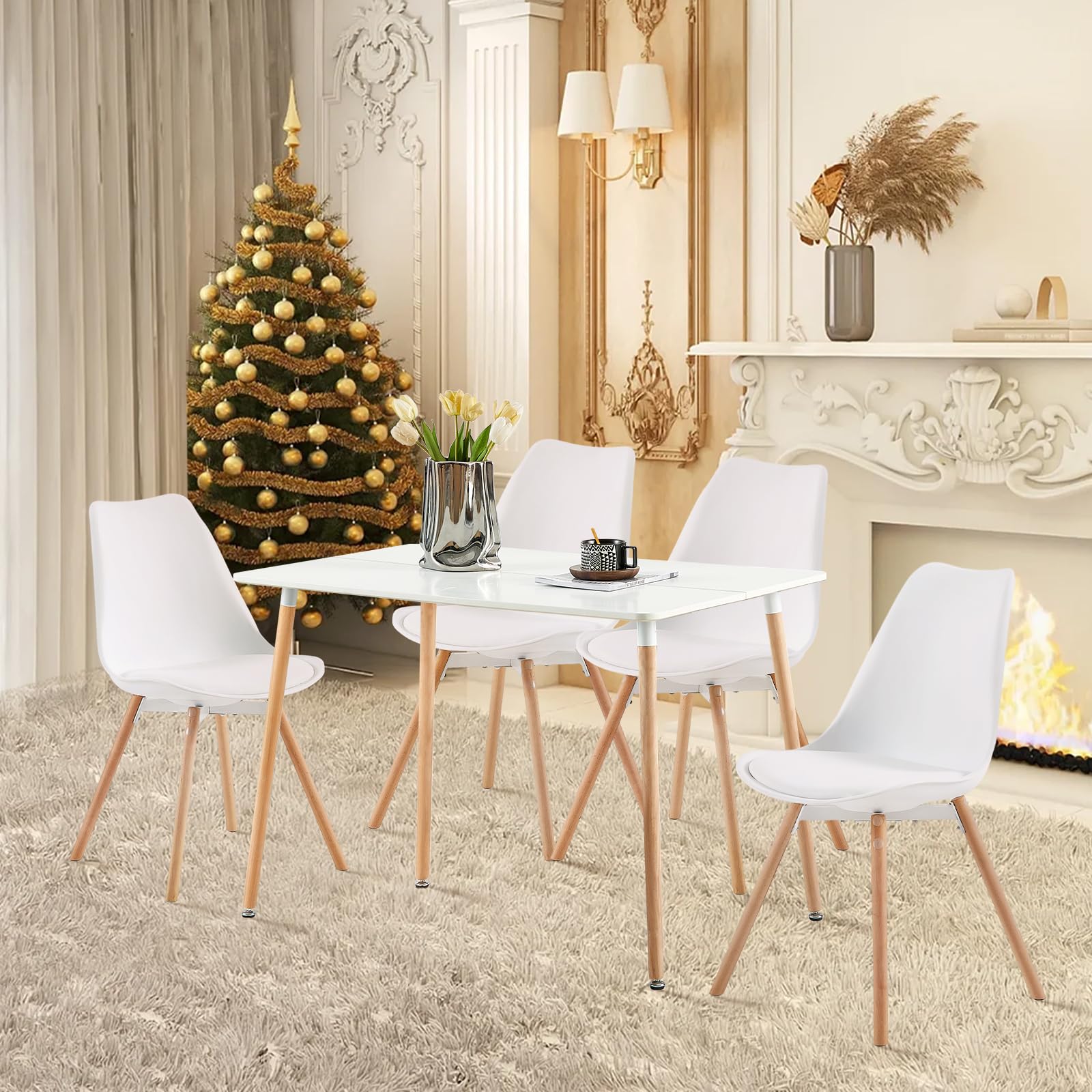buybyroom Set di 4 sedie imbottite, da cucina, con seduta in legno massiccio, schienale per sala da pranzo, soggiorno, camera da letto, sala conferenze, bianco