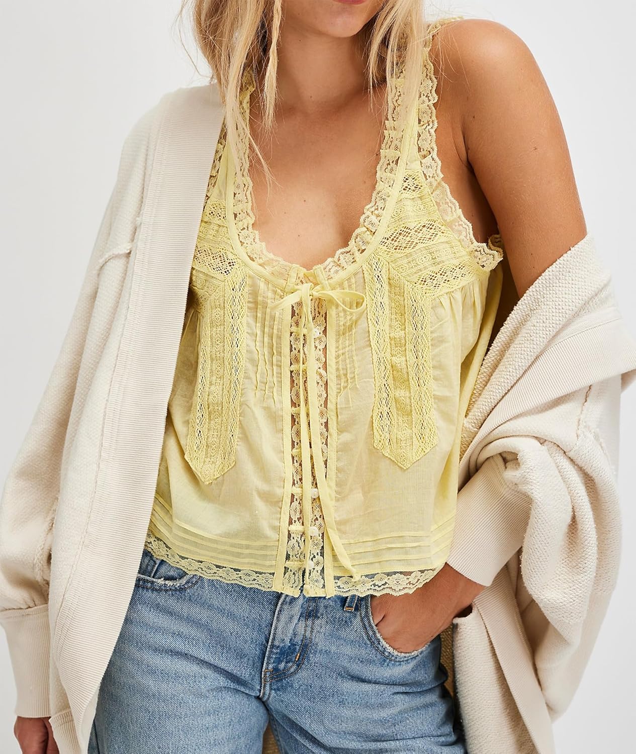 Lace Trim Tank Top for Women Y2K Scoop Neck Sleeveless Front Tie Button Down Crop Shirt Summer Going Out Vest Tops - Image 3