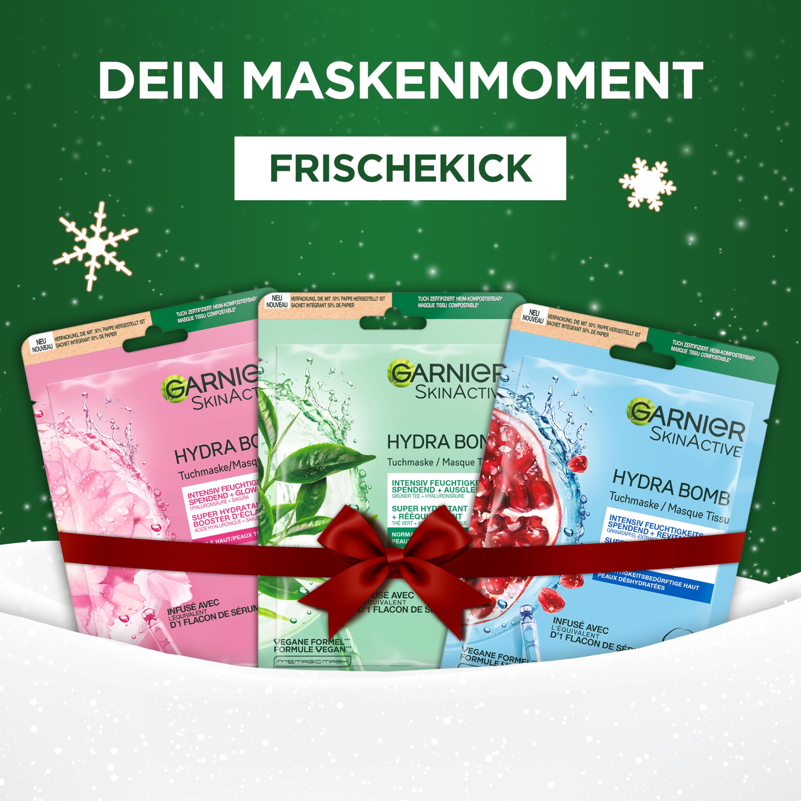 Garnier 24-częściowy kalendarz adwentowy z maseczkami, zestaw kosmetyków z maseczkami do twarzy firmy Hydra Bomb i SkinActive, różne maseczki z tkaniny, na kojące momenty maski, 1 x 24 maski