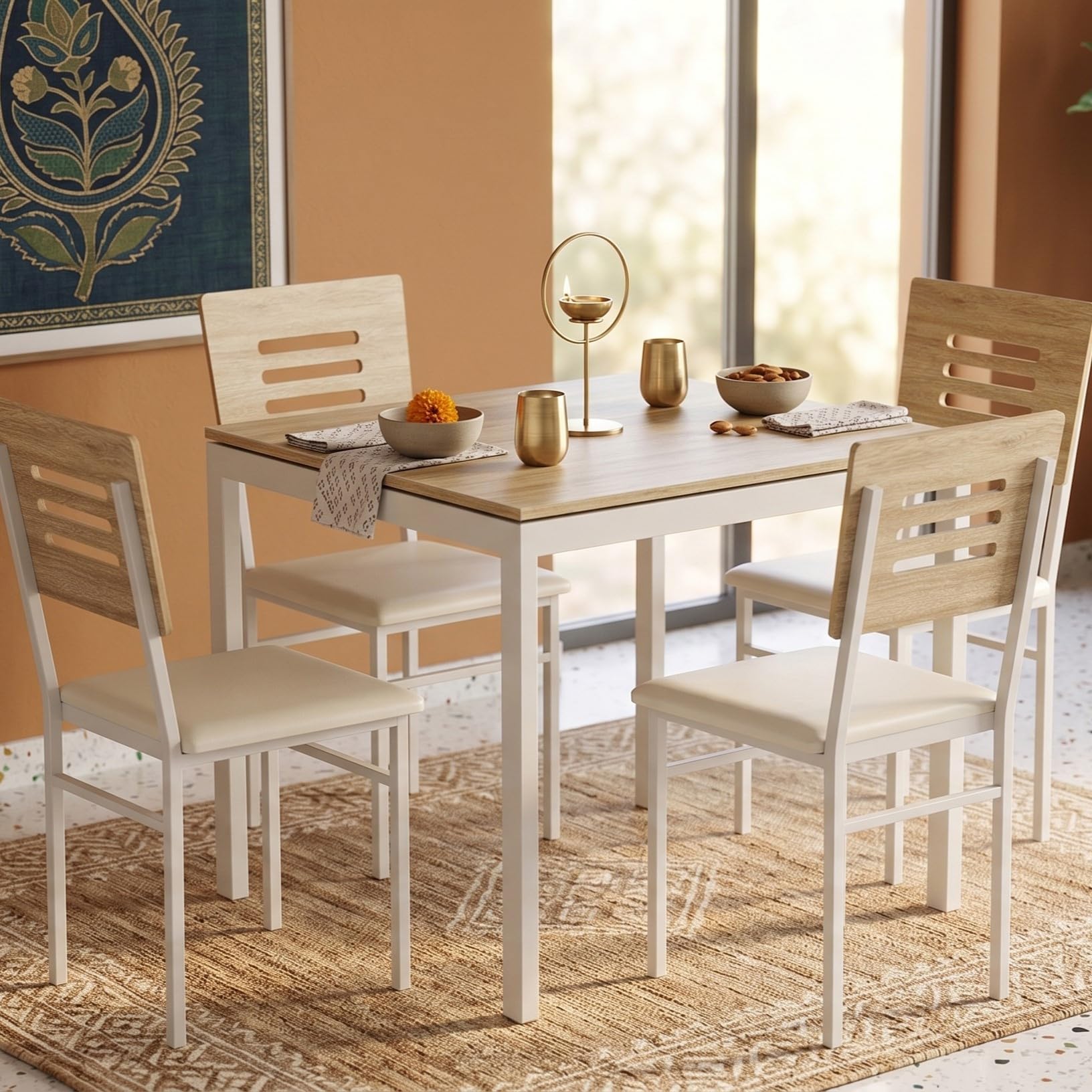BLUEWUD Halven 4 Seater Dining Table Set for Home | Compact Modern Dining Table with 4 Chairs | Ideal for Kitchen, Dining Room, Square, DIY (Do it Yourself) (European Oak & White)-image-46
