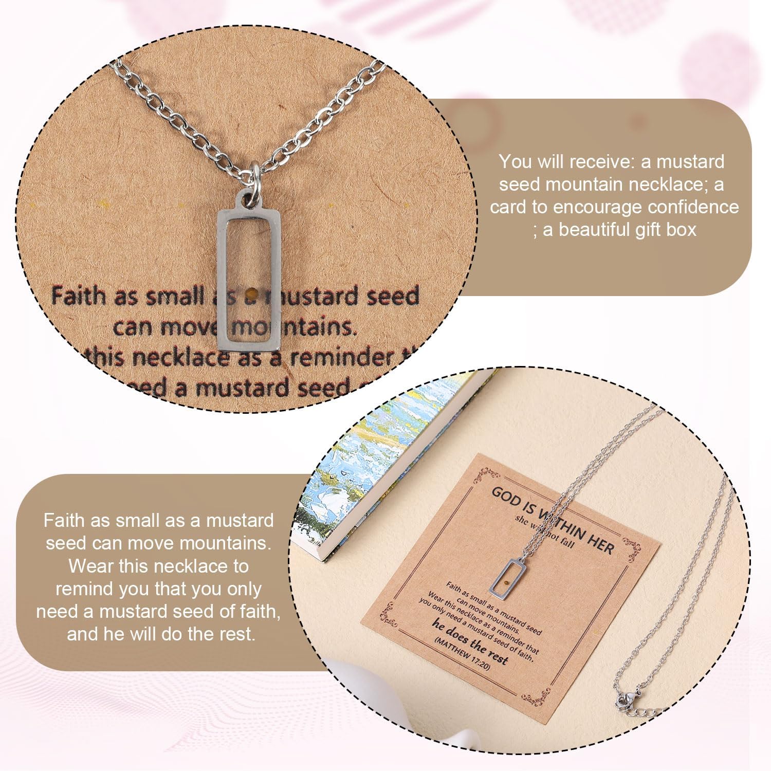 Mustard Seed Necklace, Silver Stainless Steel Christian Necklace with Card Inspirational Faith Pendant Christian Religious First Communion Confirmation Jewelry Gift for Women - Image 7