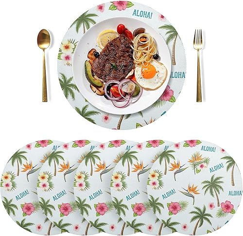 Miniatura 3 de Tropical Palm Hibiscus White Round Table Placemats, Heat Resistant Non Slip Washable Table Mats Set for Kitchen one sizex4
