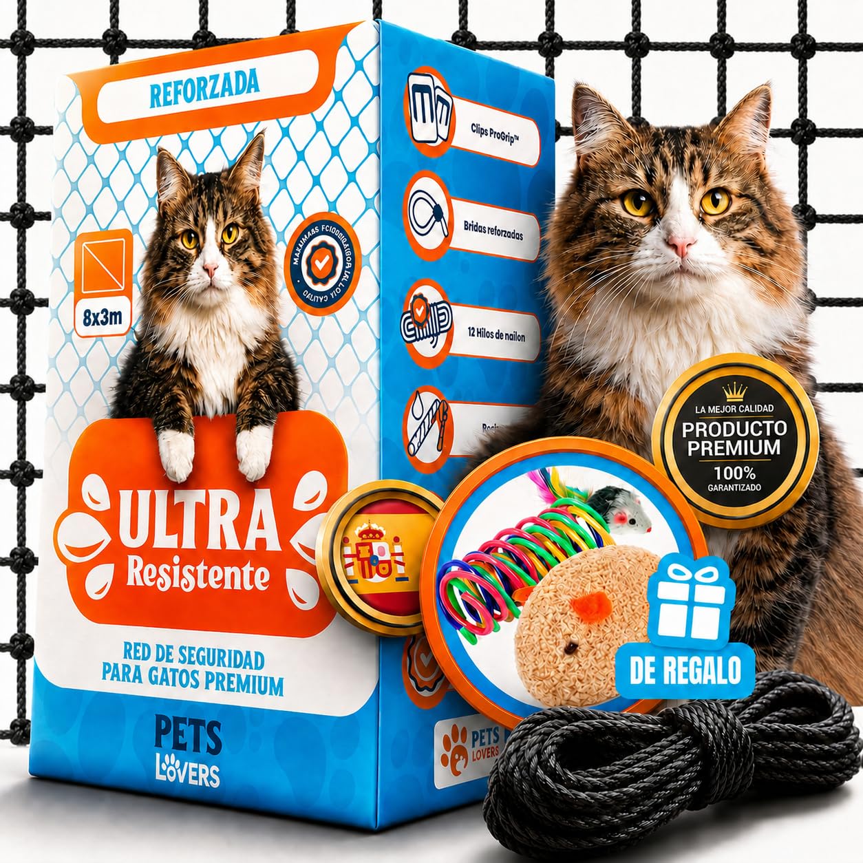 Petslovers Red para Gatos Terraza 8x3m Negra Reforzada con Acero Inoxidable | Kit Montaje Sin Taladro Anti UV Incl 2 Juguetes, Red Gatos Ventanas sin Taladro, Red Gatos Terraza, Malla para Gatos Balcón
