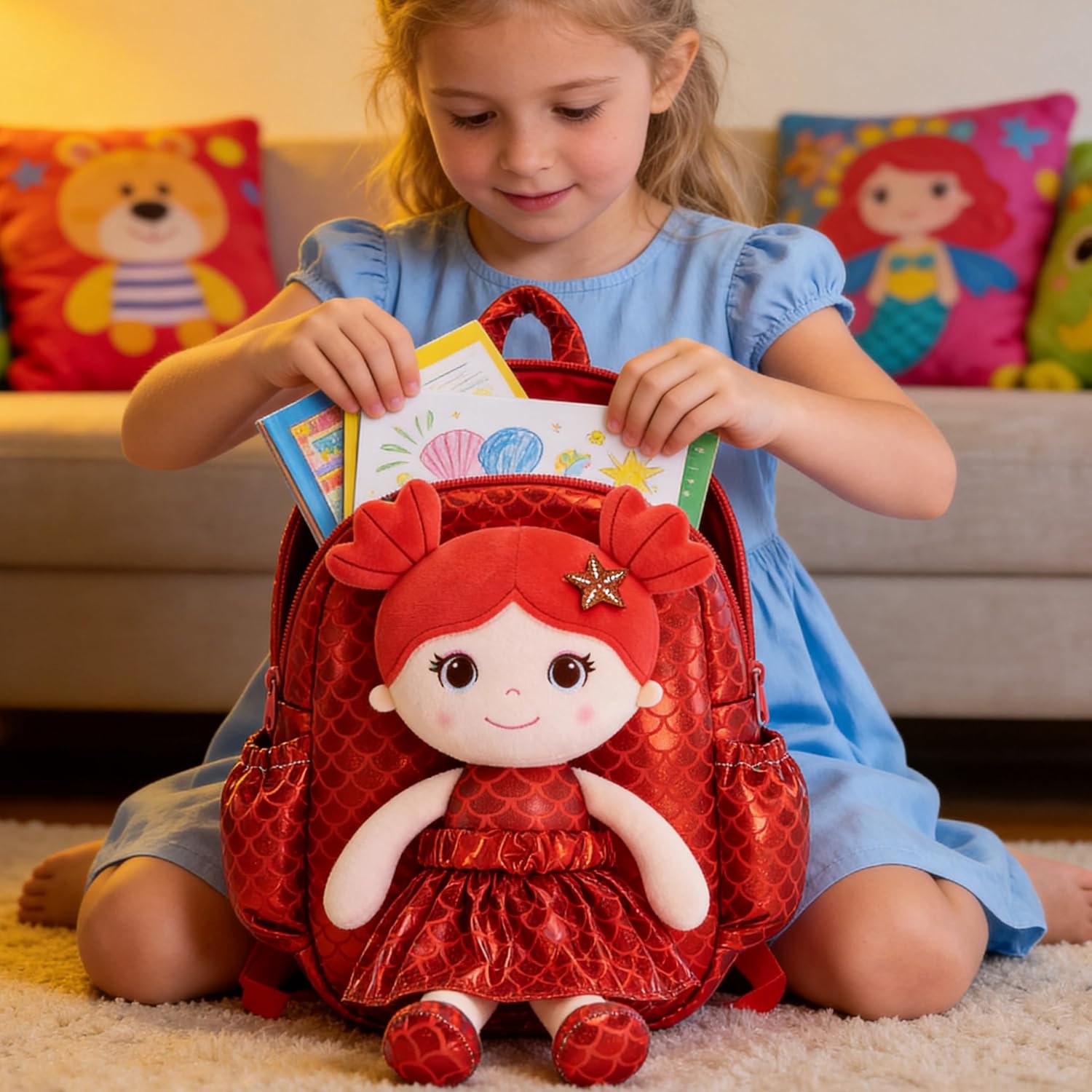 Lazada Toddler Backpack - Baby Girl Gifts Plush Doll Dress Backpack - Fashion Girls Tina Fish Scale Series - Red 11 Inches