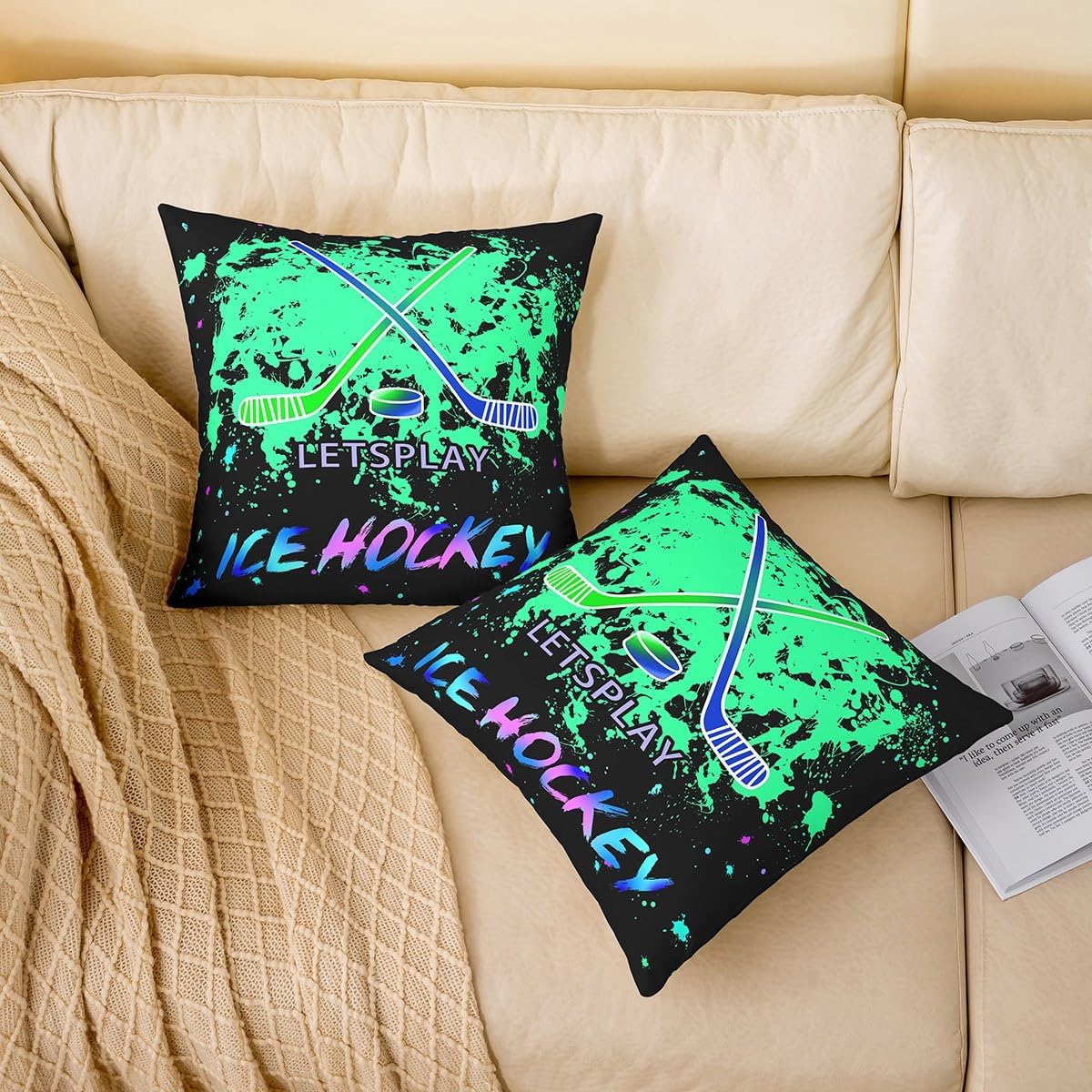 Feelyou Ice Hockey Throw Pillow Covers 24"x24" Set of 2 Kids Ice Sports Games Decorative Pillowcase for Sofa Couch Bed Chair Car Gaming Sports Cushion Cover Green Blue Galaxy Outdoor Pillows Covers