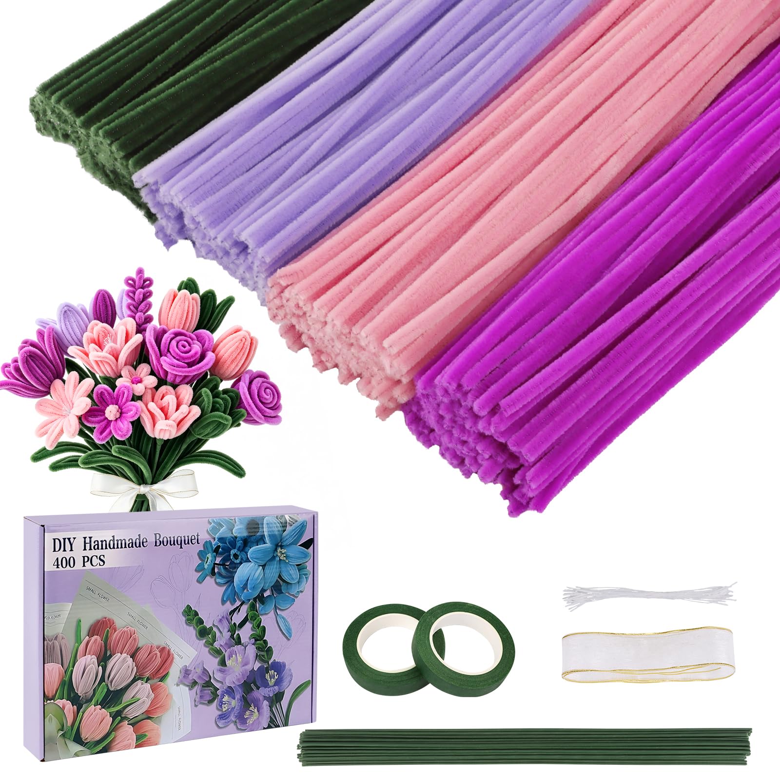 Lemicin 426pcs Pipe Cleaners for Craft Flowers, 4 Colours Pipe Cleaners for Tulip Bouquet, Fuzzy Sticks Craft Supplies for Flower DIY Craft Kit Gift, Chenille Stems Arts & Crafts (Purple)