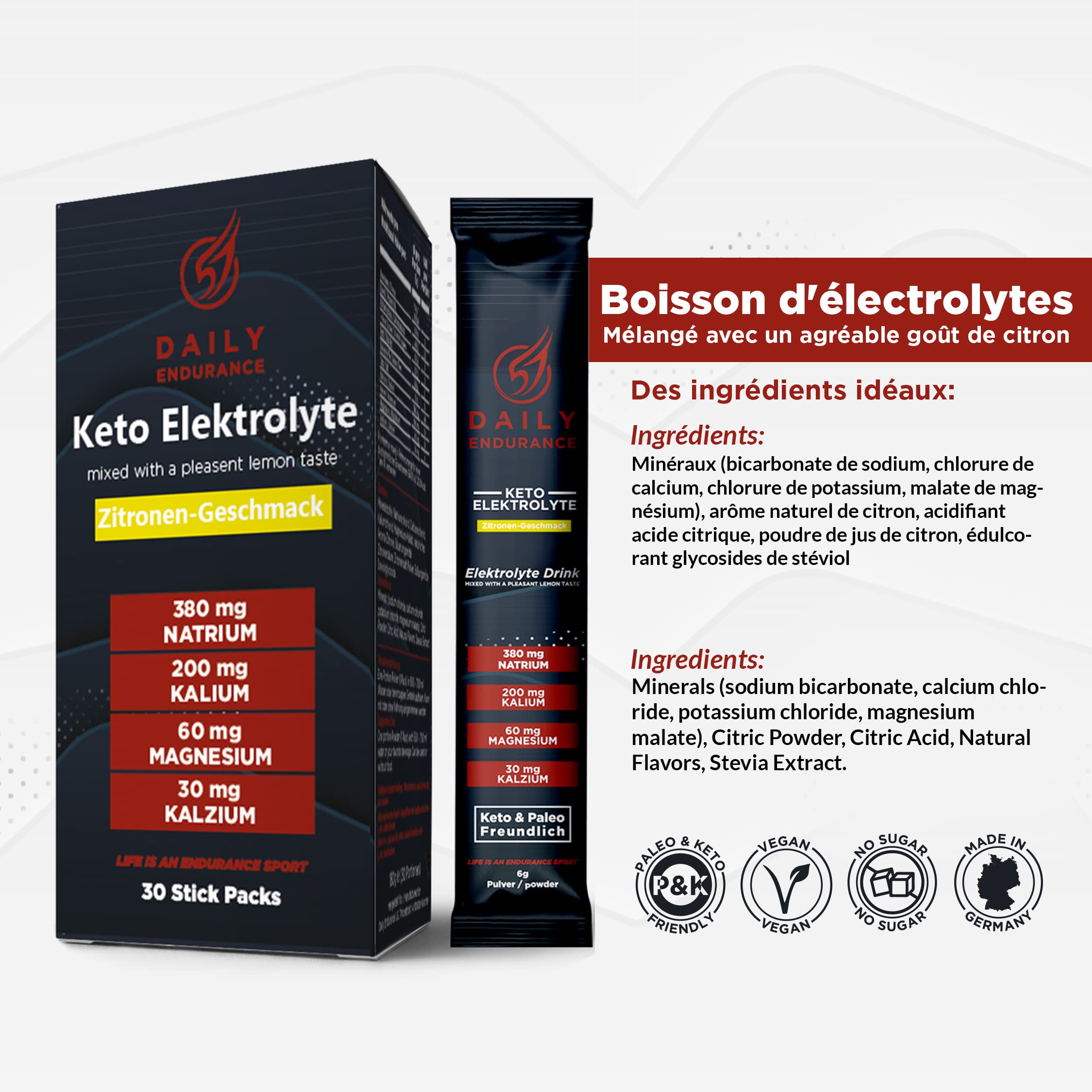 Keto Electrolyte | Favorise l' hydratation et la récupération | Low Carb, Keto & Paléo | Pas de sucre & Poudre végétalienne pour boisson energisante | 30 stick packs
