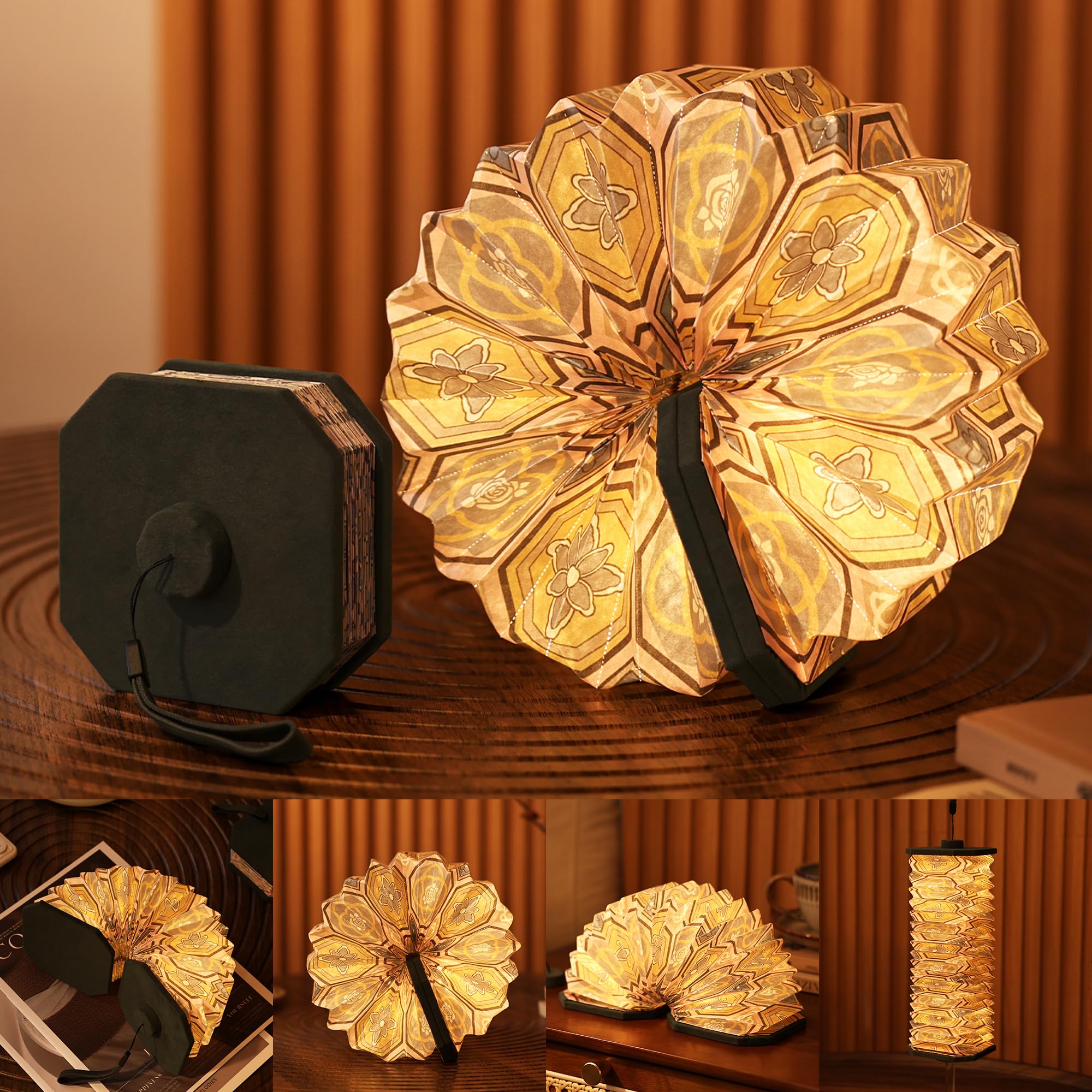 Ba suns Vintage Accordion Lamp - Touch Control 3 Color Changing, Flannelette Cover with Printed Pages, Portable Bedside Table Desk Night Light, Decorative Ambient Lighting for Home/Bedroom/Cafe-Green