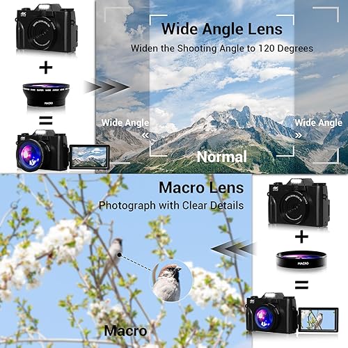 Miniatura 5 de Cámara digital, FHD 4K 75MP WiFi Vlogging cámara de video para YouTube con pantalla abatible de 180 de 3 pulgadas, tarjeta SD de 64 GB, zoom digital
