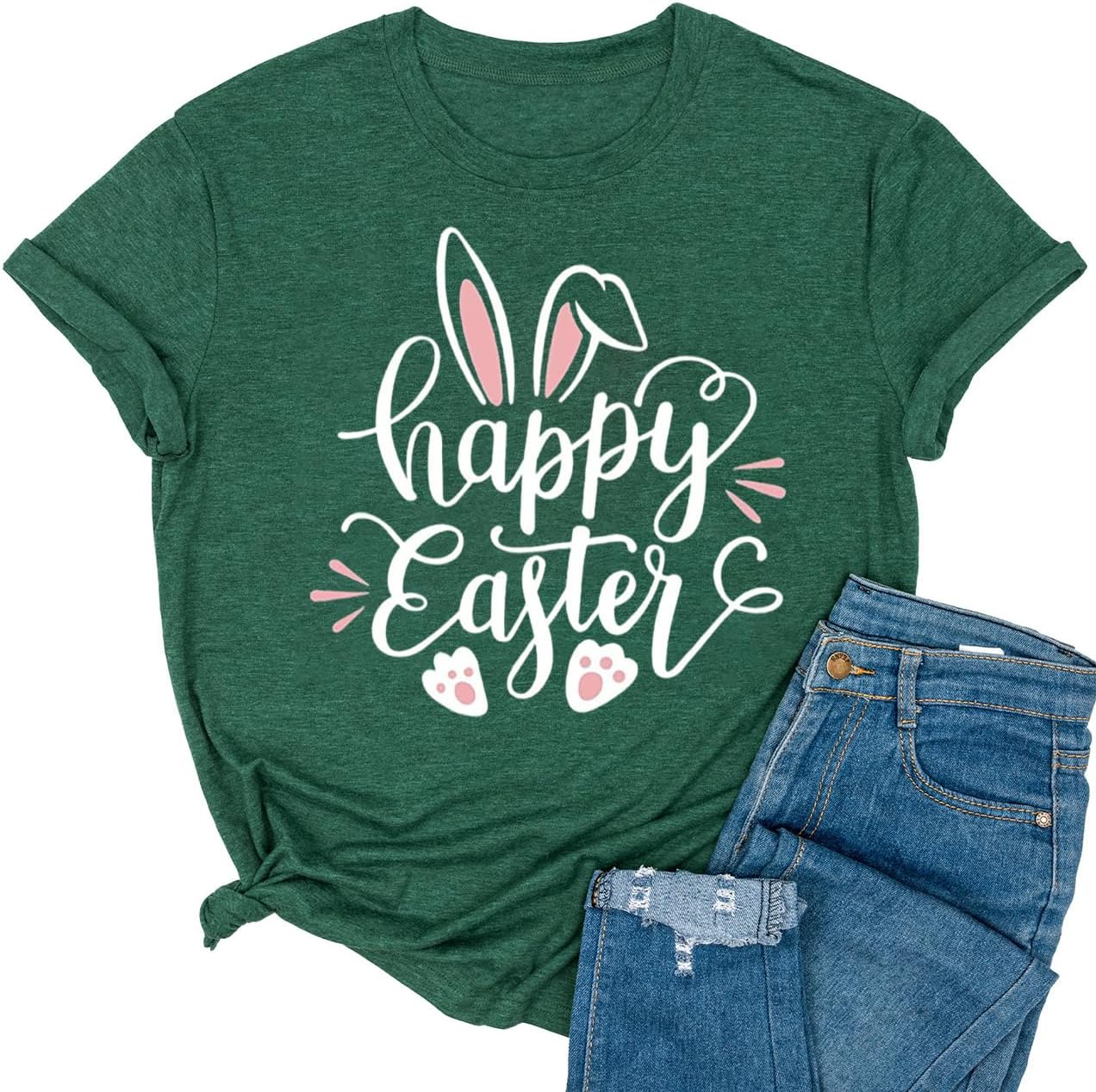 Yimoya Happy Easter Shirt Cute Easter Tees Leopard Bunny Rabbit Graphic Tees