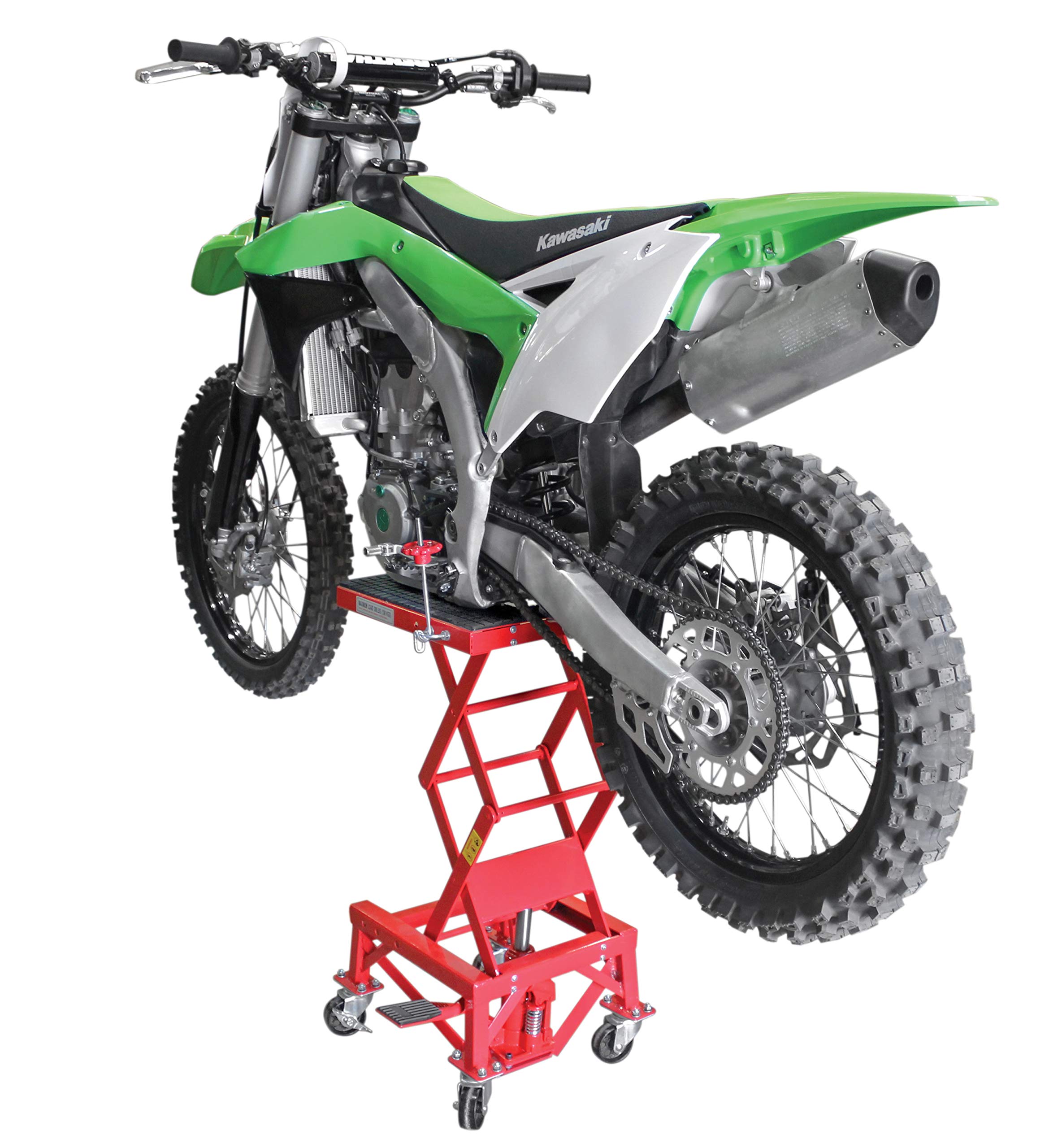 Extreme Max 5001.5083 Ultra-Stabile Hydraulic Motorcycle Lift Table with Foot Pad Lift Function - Raises Bikes from 13.25" to 34", 300 lbs. Weight Capacity , Red