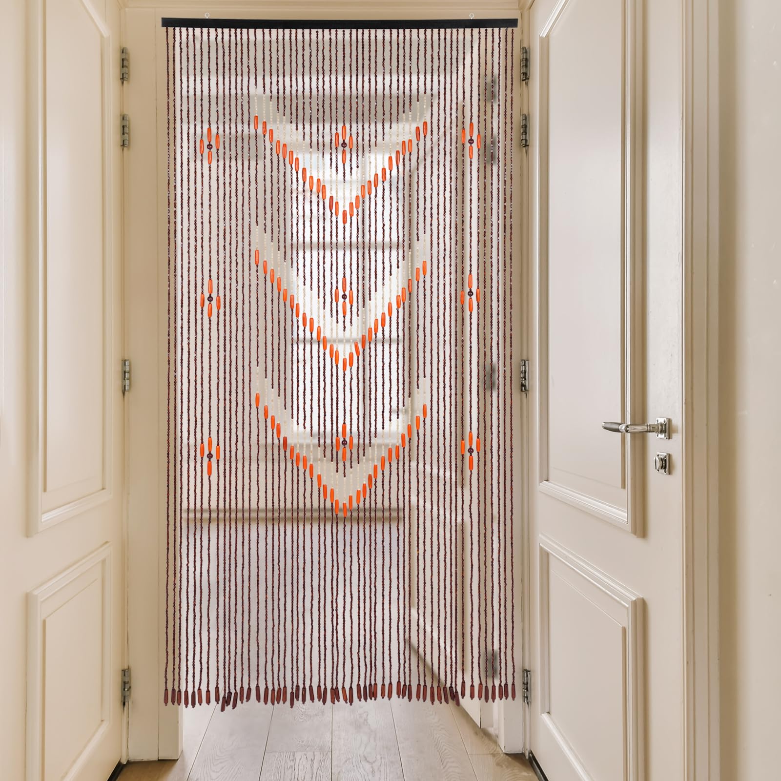 Rideau de porte en bambou 52 lignes - Rideau de perles en bambou - Rideau en perles de bois pour salon, balcon - Avec motif en V - 90 x 190 cm - Café