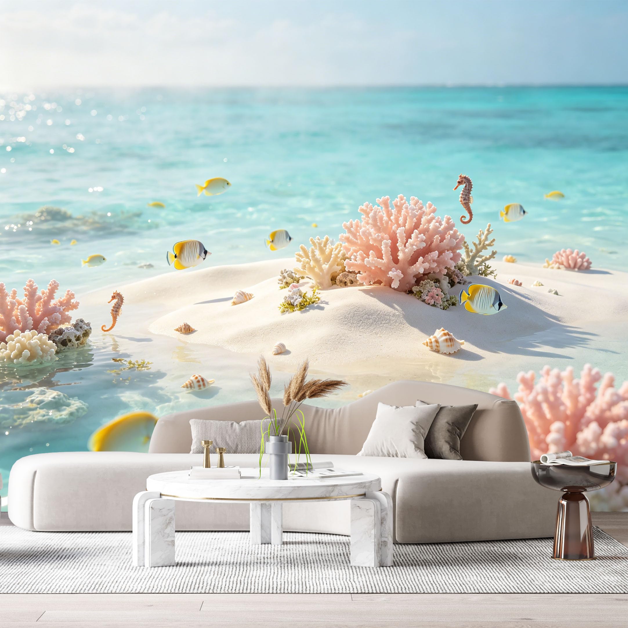 Custom Size Wall Murals Coastal Marine Ocean Tropical Coral Reef Seahorse Fish SelfAdhesiveWall Fabric Removable Wallpaper Wall Decor for Living Room Bedroom Bathroom